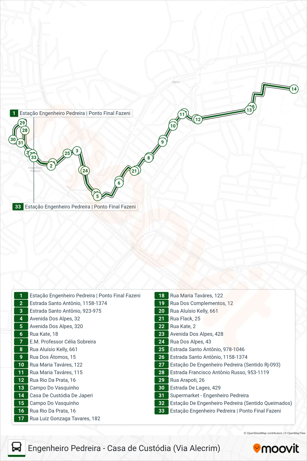 Rota e paradas da linha de ônibus 010 (Engenheiro Pedreira ↔ Casa De Custódia) no mapa
