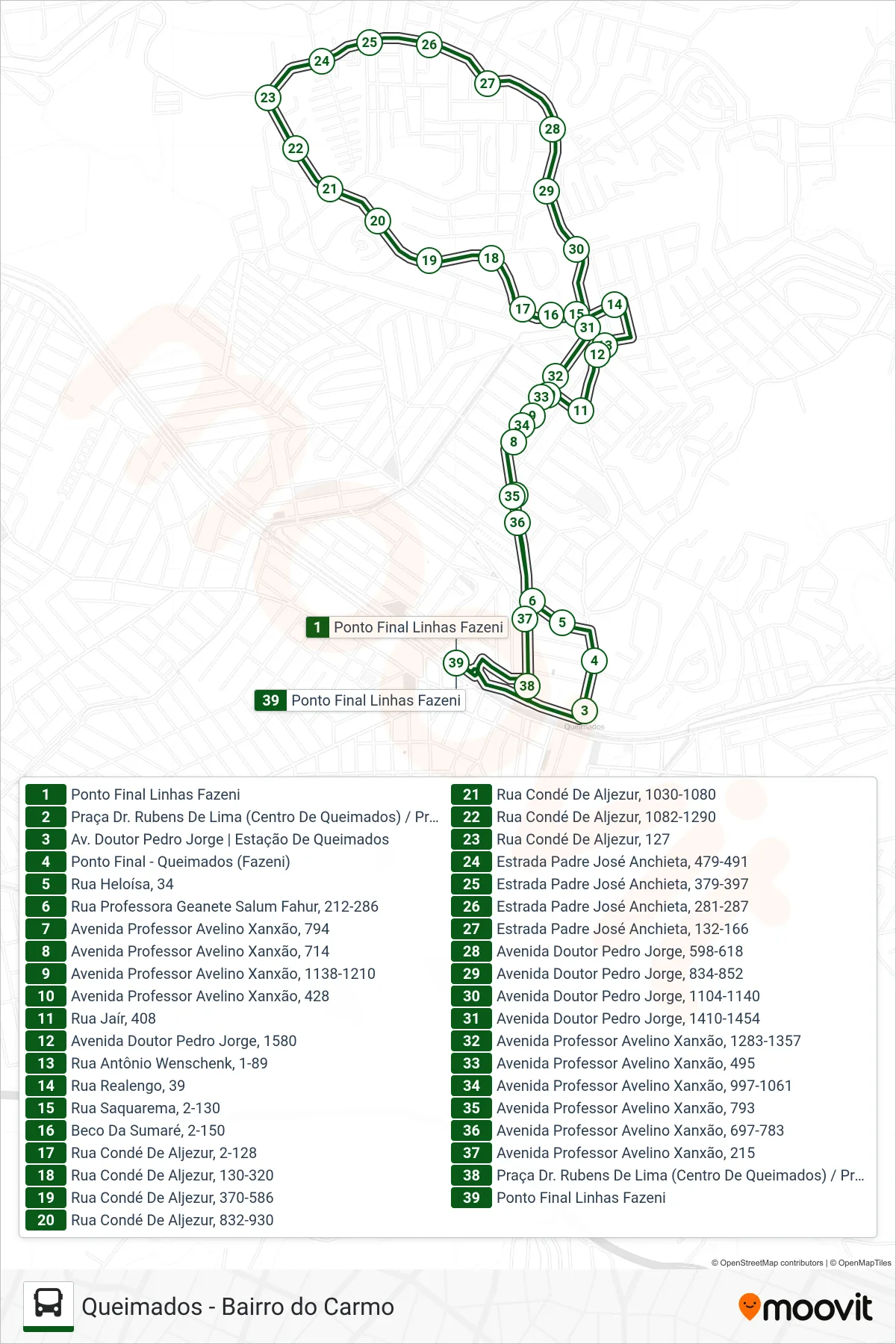 005 bus Line (Queimados ↔ Bairro Do Carmo) route and stops on a map