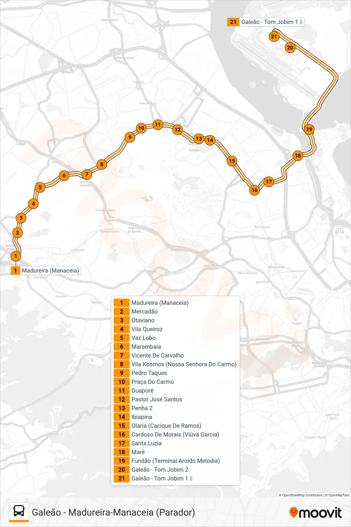 42 bus Line (Galeão (Parador)) route and stops on a map