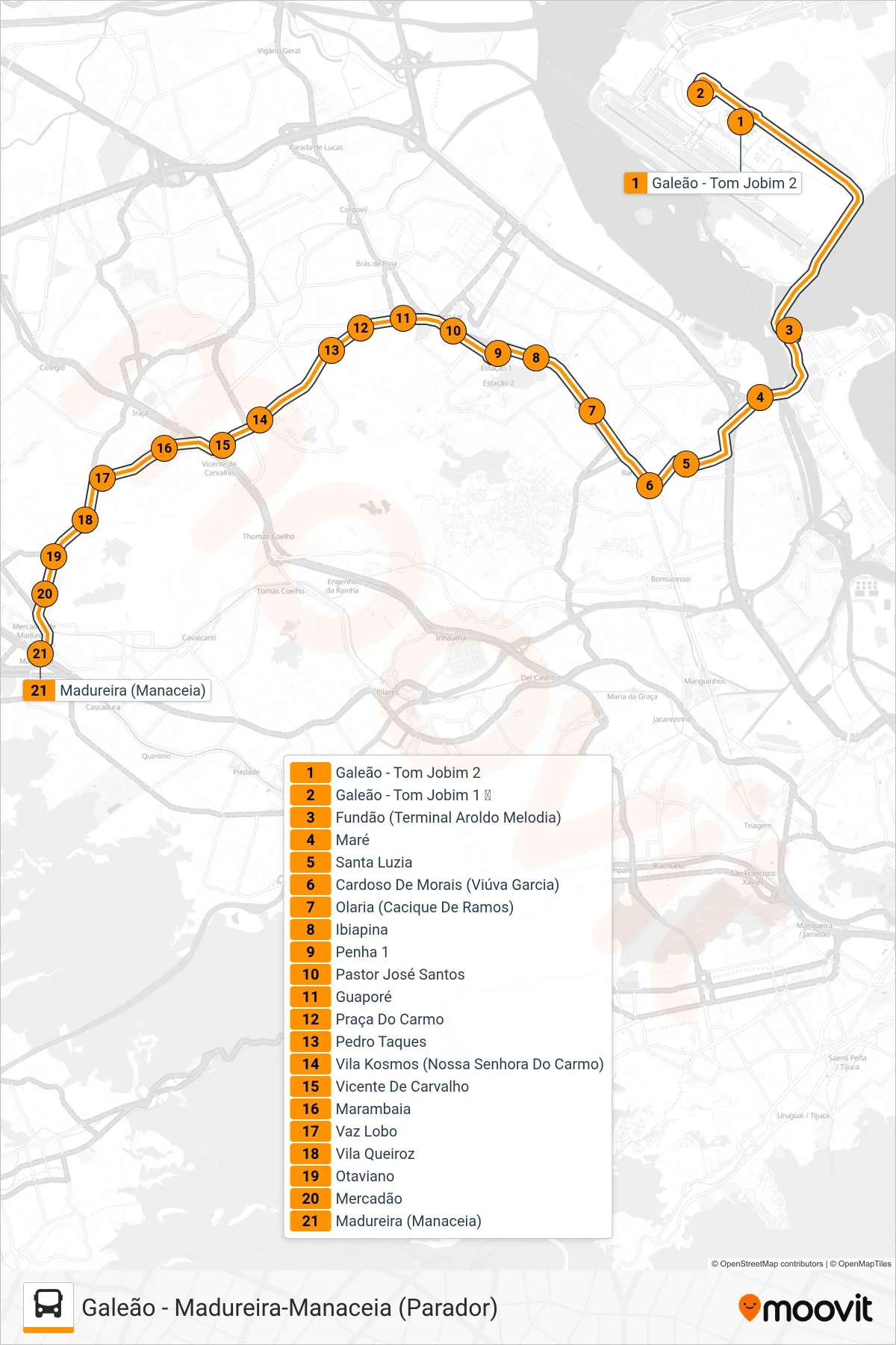 Rota e paradas da linha de ônibus  42  (Manaceia (Parador)) no mapa
