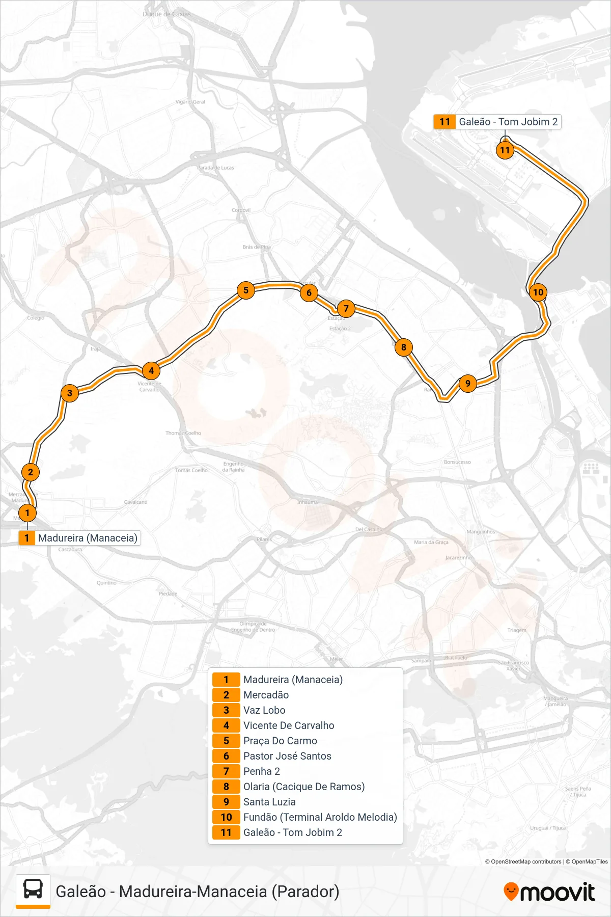 Rota e paradas da linha de ônibus 42 (Galeão (Serviço Noturno)) no mapa