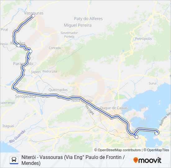 Mapa da linha NITERÓI - VASSOURAS (VIA ENG° PAULO DE FRONTIN / MENDES) de ônibus
