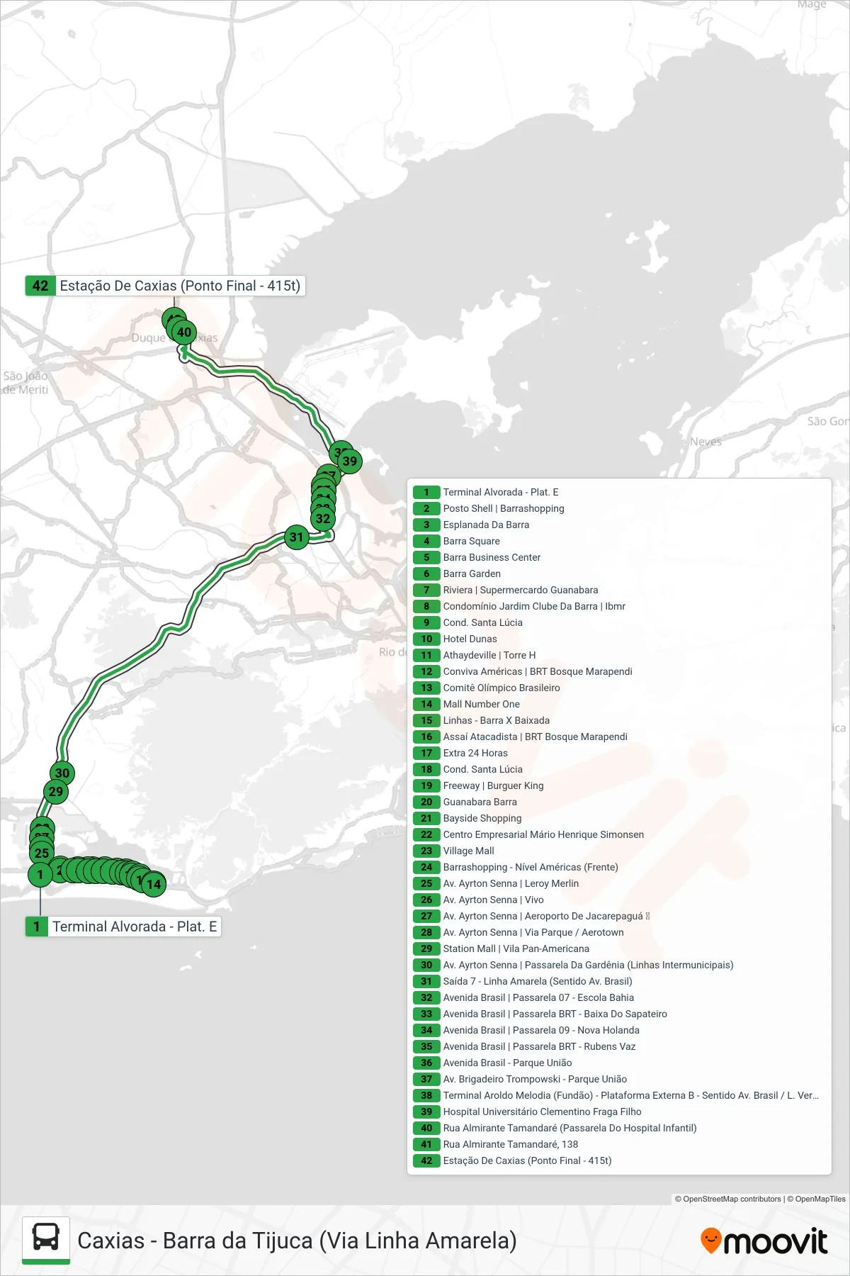 Rota e paradas da linha de ônibus 415T (Caxias (Via Fundão)) no mapa