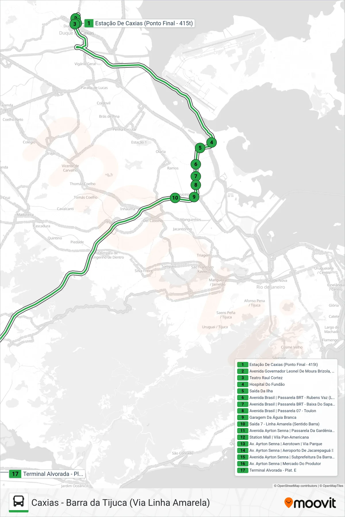 415T bus Line (Barra Da Tijuca) route and stops on a map