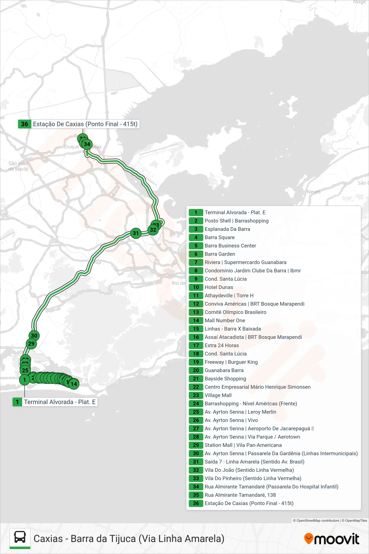 Rota e paradas da linha de ônibus 415T (Caxias (Rápido)) no mapa