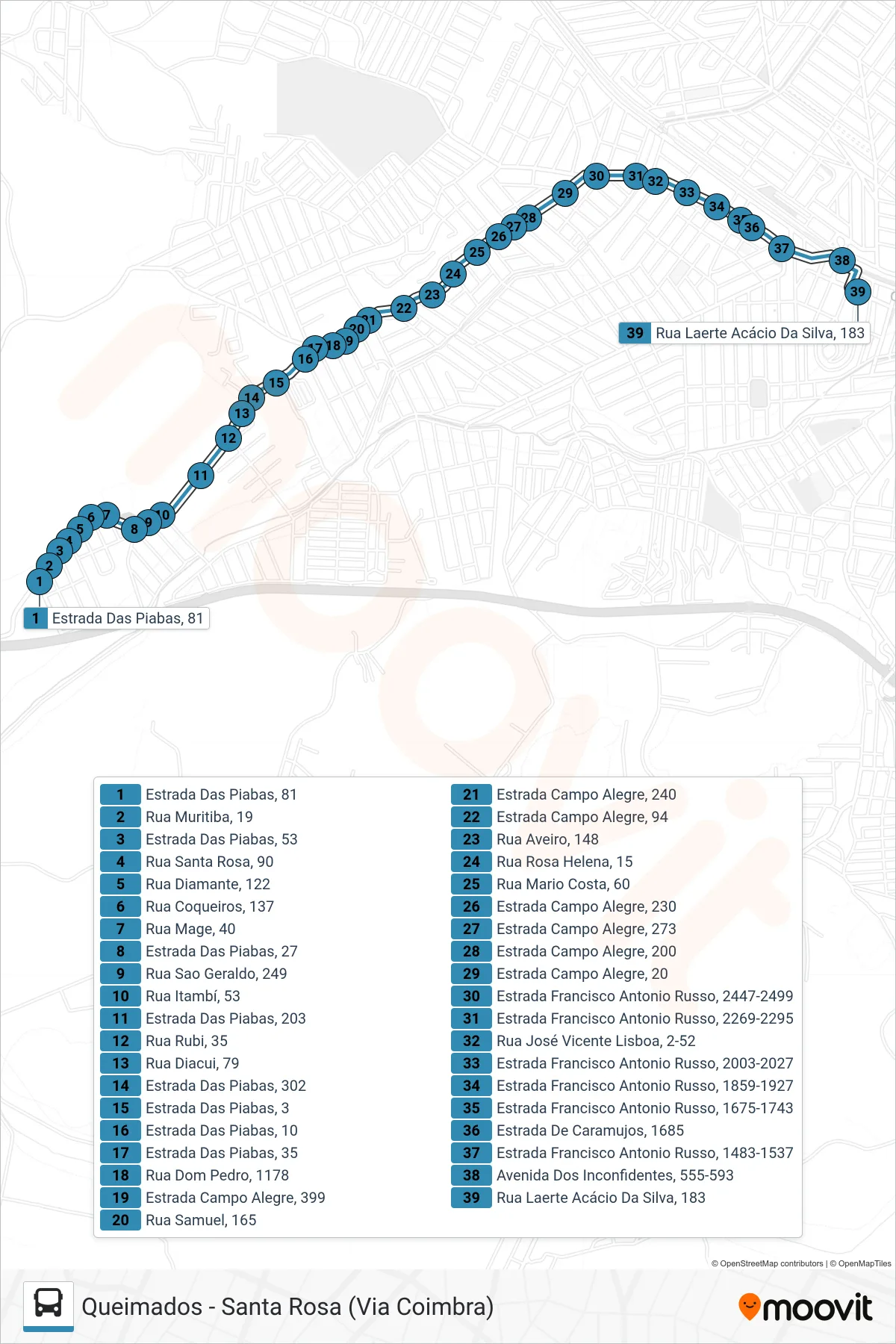 Rota e paradas da linha de ônibus 10 (Queimados) no mapa