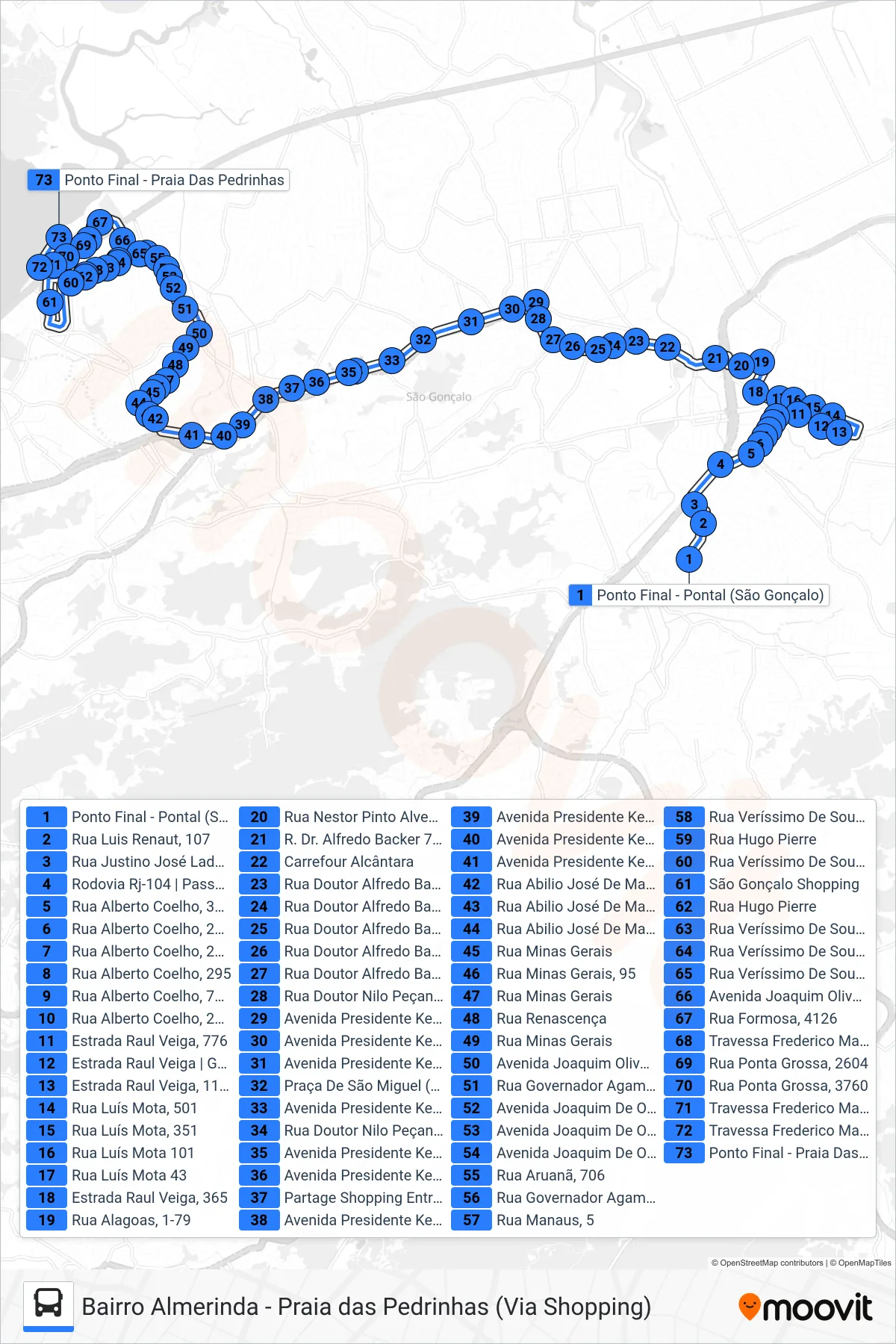 Rota e paradas da linha de ônibus 20A (Praia Das Pedrinhas) no mapa