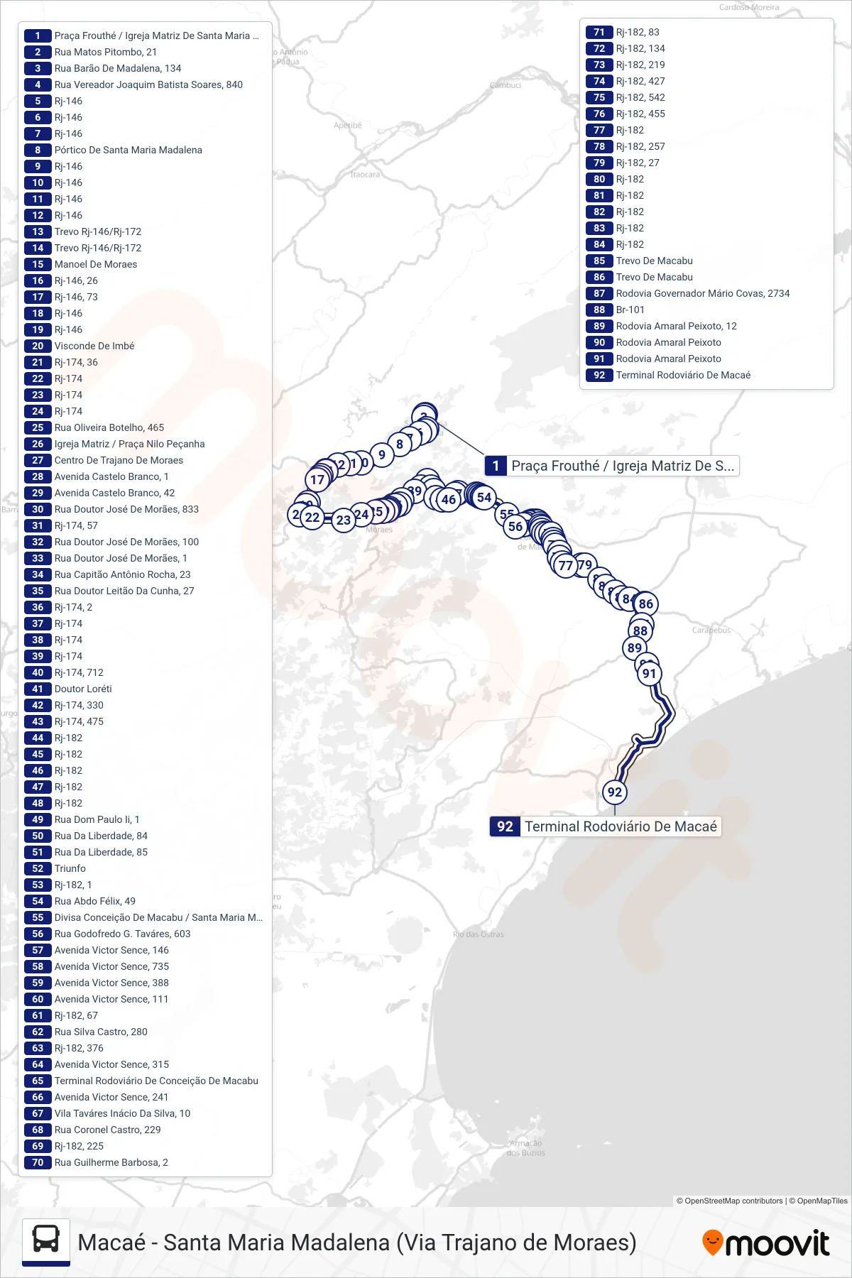 Rota e paradas da linha de ônibus B155 (Macaé) no mapa