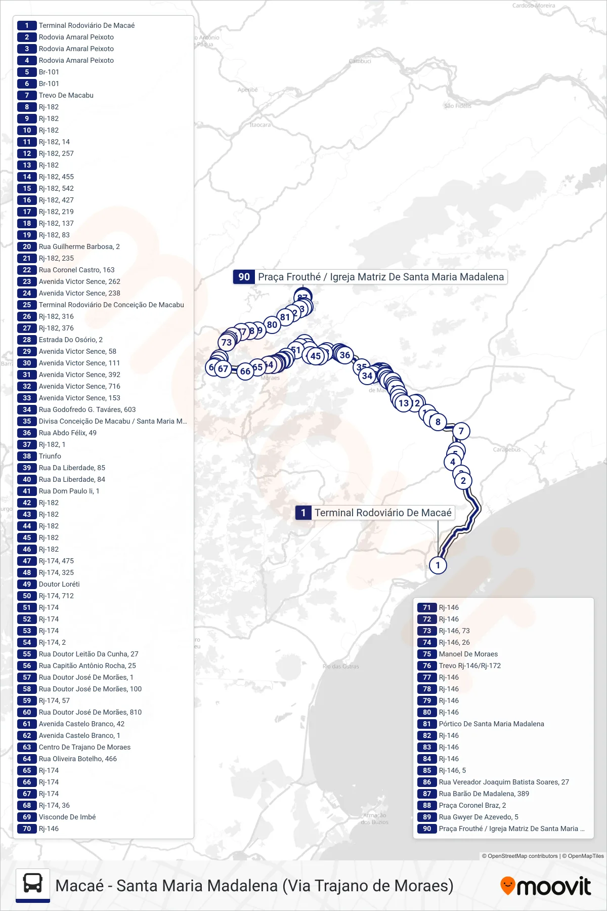 Rota e paradas da linha de ônibus B155 (Santa Maria Madalena) no mapa