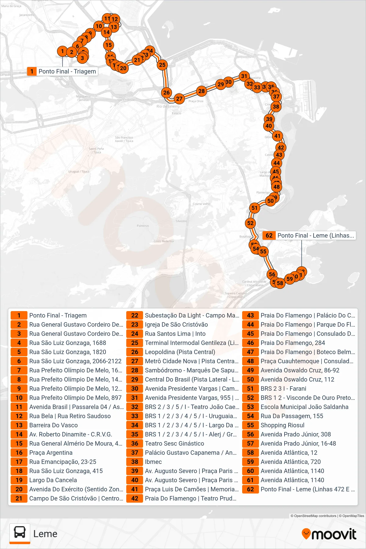 Rota e paradas da linha de ônibus 472 (Leme) no mapa