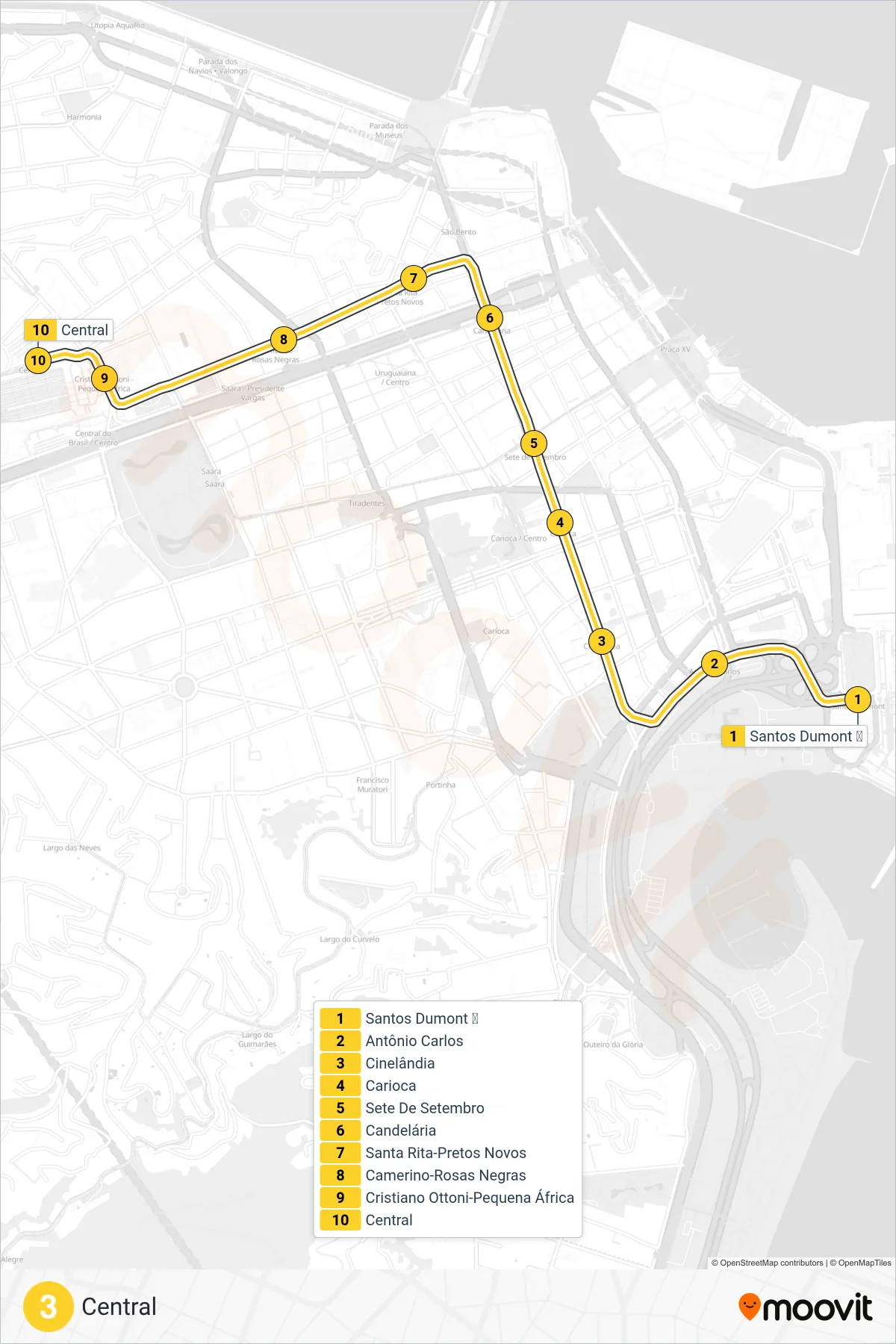 Rota e paradas da linha de vlt  L3  (Central) no mapa