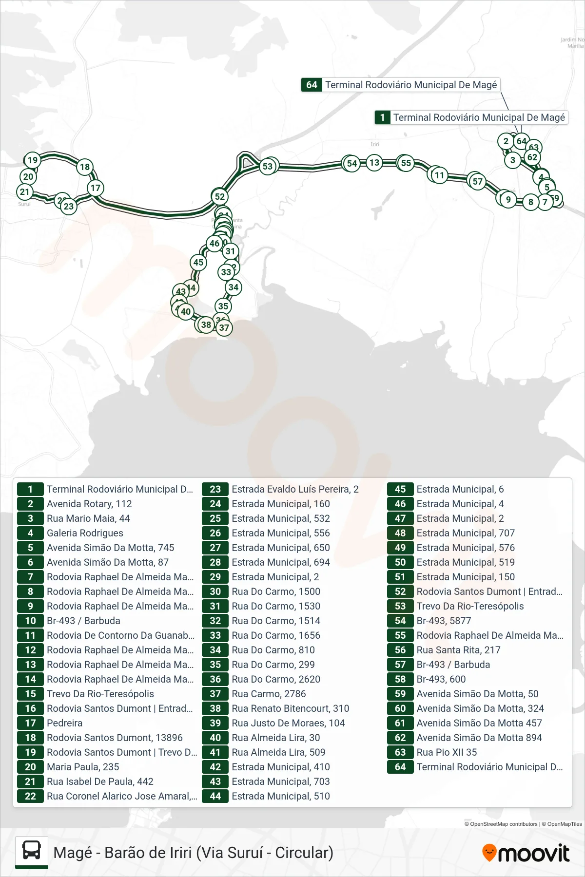 Rota e paradas da linha de ônibus 1008 (Magé ↔ Barão De Iriri (Via Suruí)) no mapa