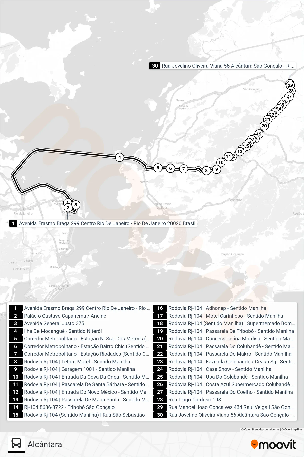 Rota e paradas da linha de ônibus 2721D (Alcântara) no mapa