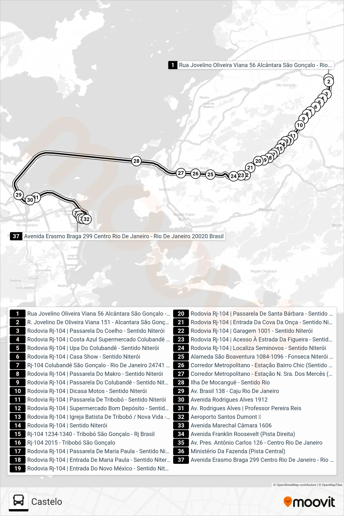 Rota e paradas da linha de ônibus 2721D (Castelo) no mapa