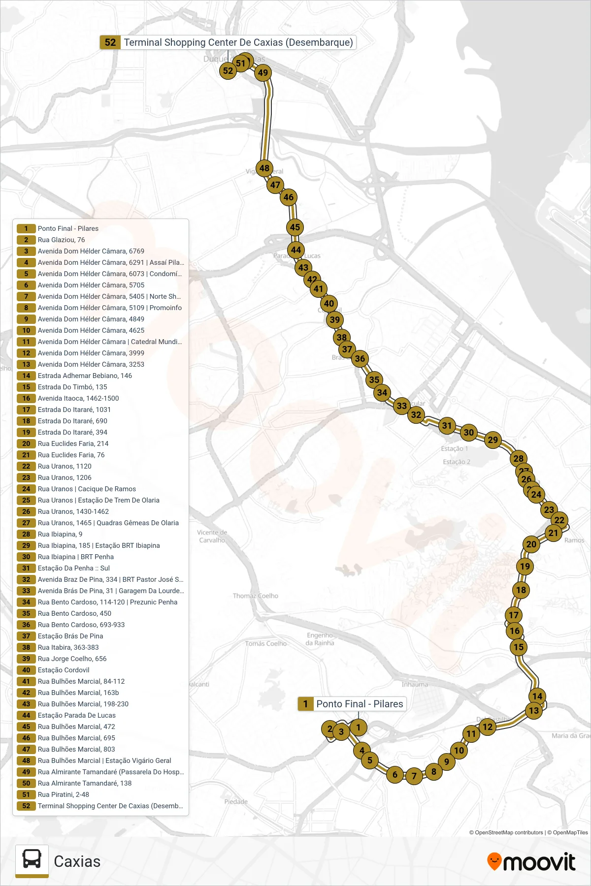 Rota e paradas da linha de ônibus 485L (Caxias) no mapa