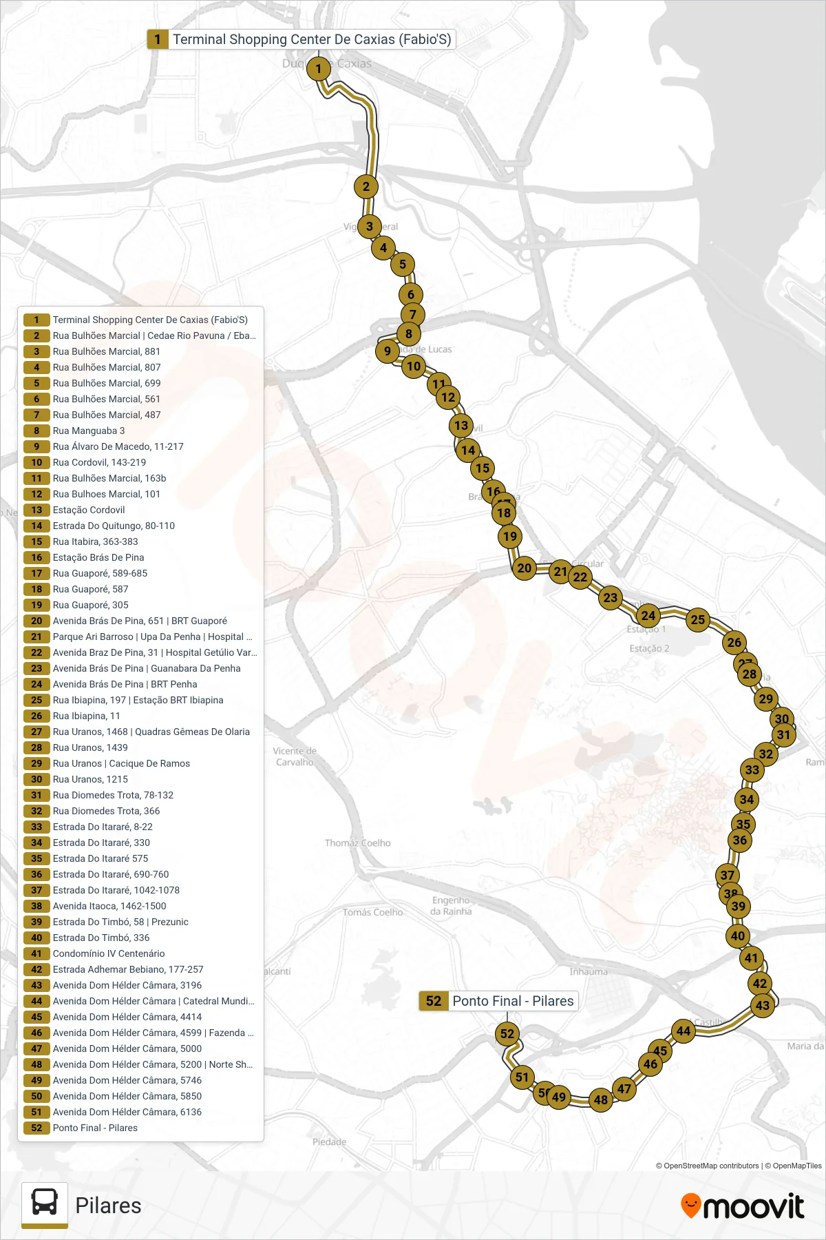 Rota e paradas da linha de ônibus  485L  (Pilares) no mapa
