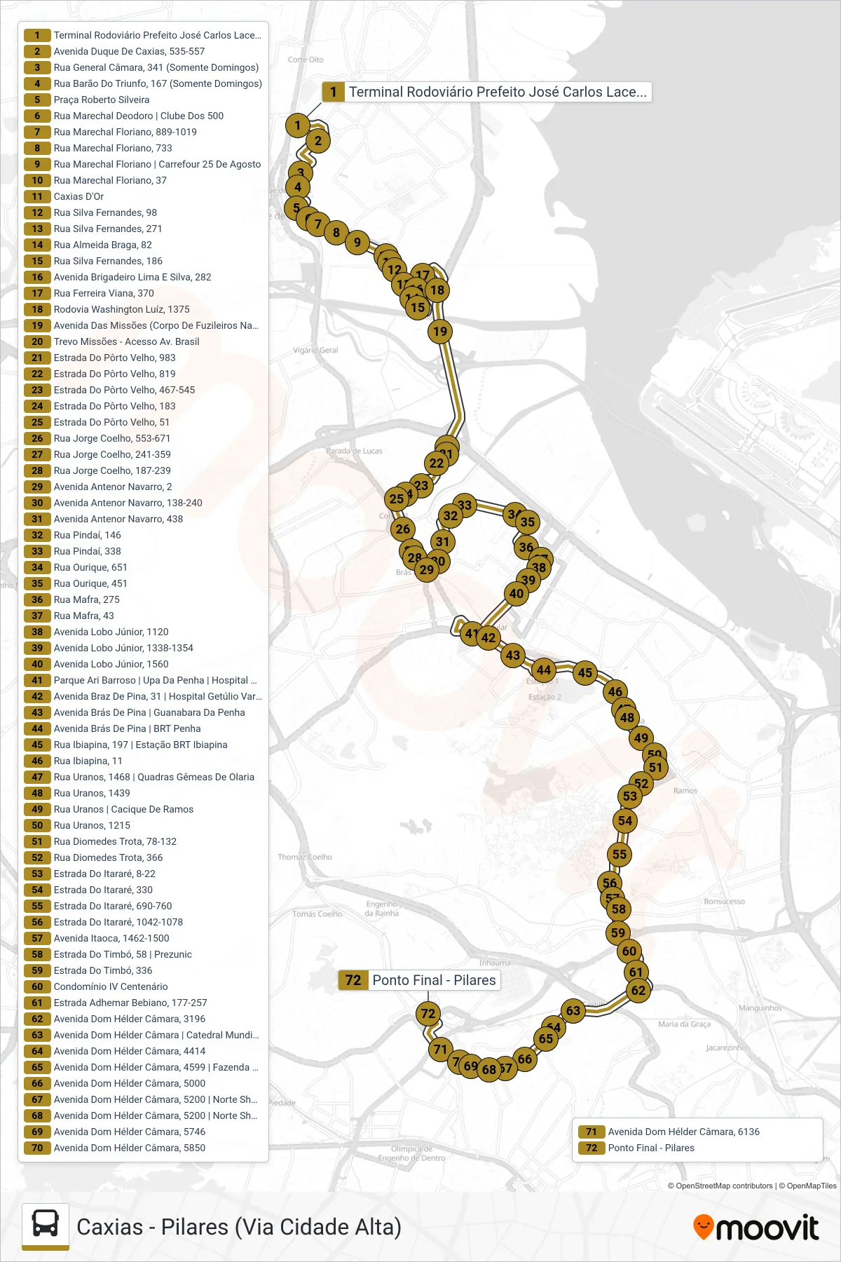 Rota e paradas da linha de ônibus 494L (Pilares (Via 25 De Agosto)) no mapa