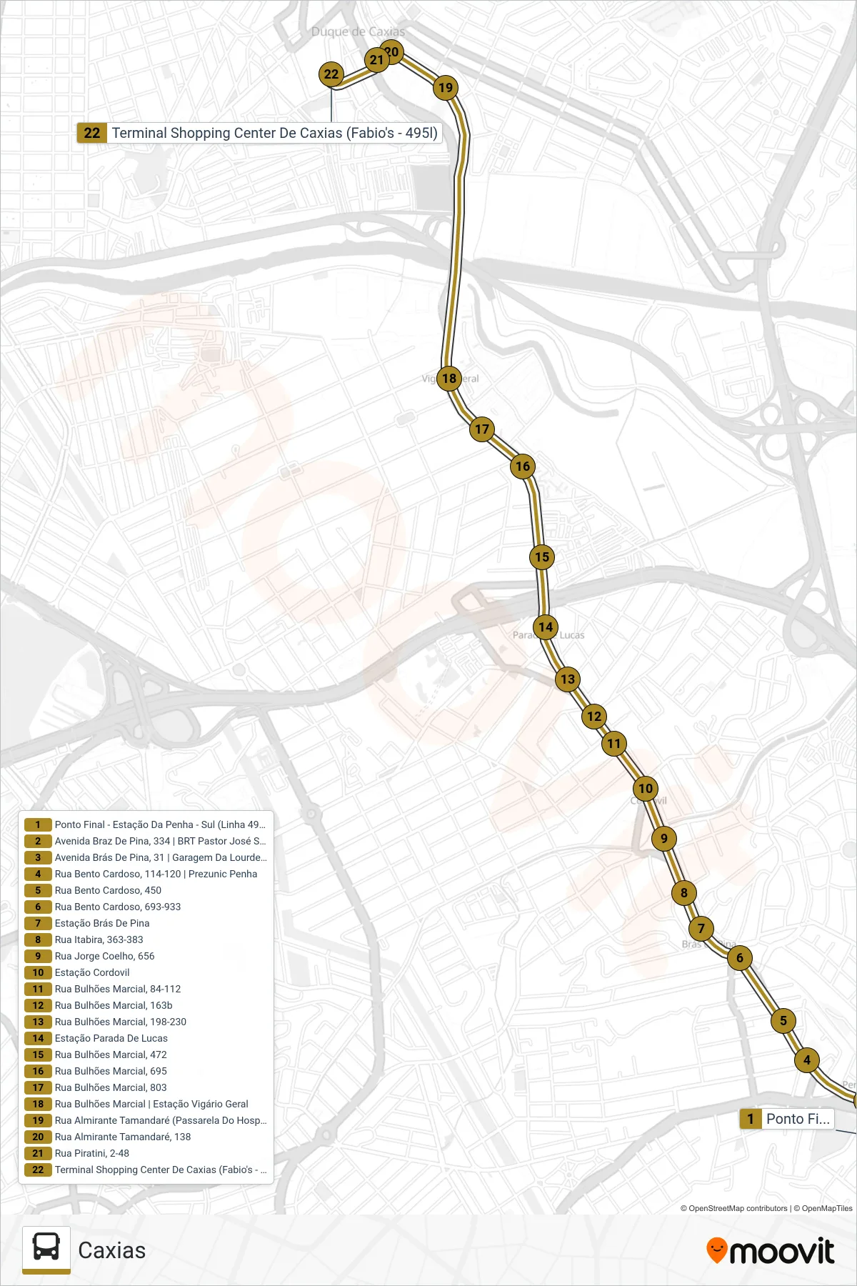 Rota e paradas da linha de ônibus 495L (Caxias) no mapa