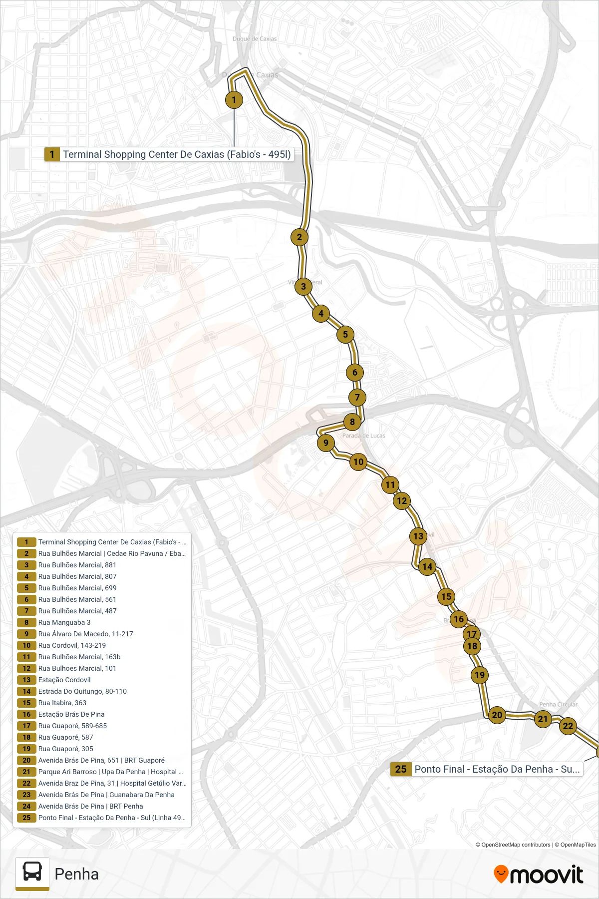 Rota e paradas da linha de ônibus 495L (Penha) no mapa