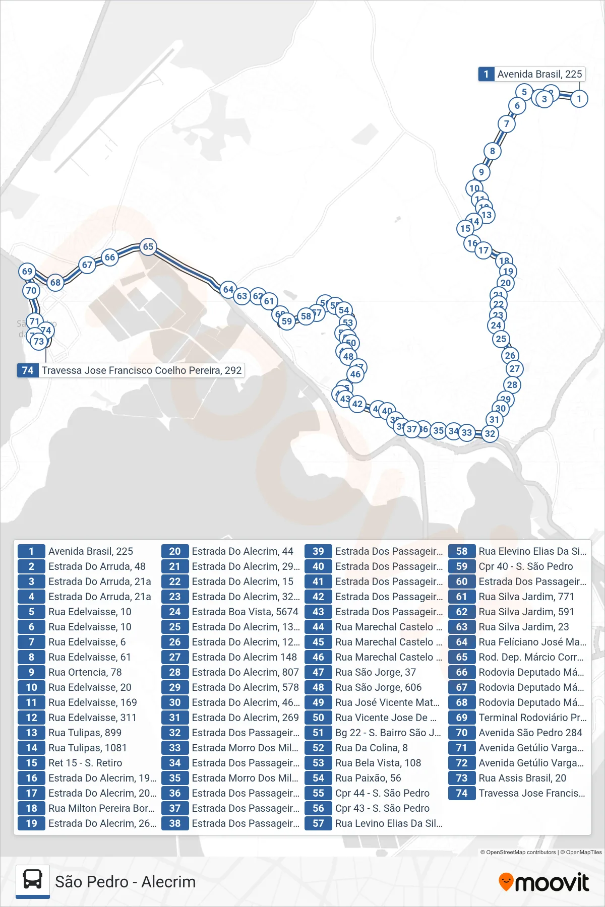 Rota e paradas da linha de ônibus 504 (São Pedro (Via Colinas)) no mapa