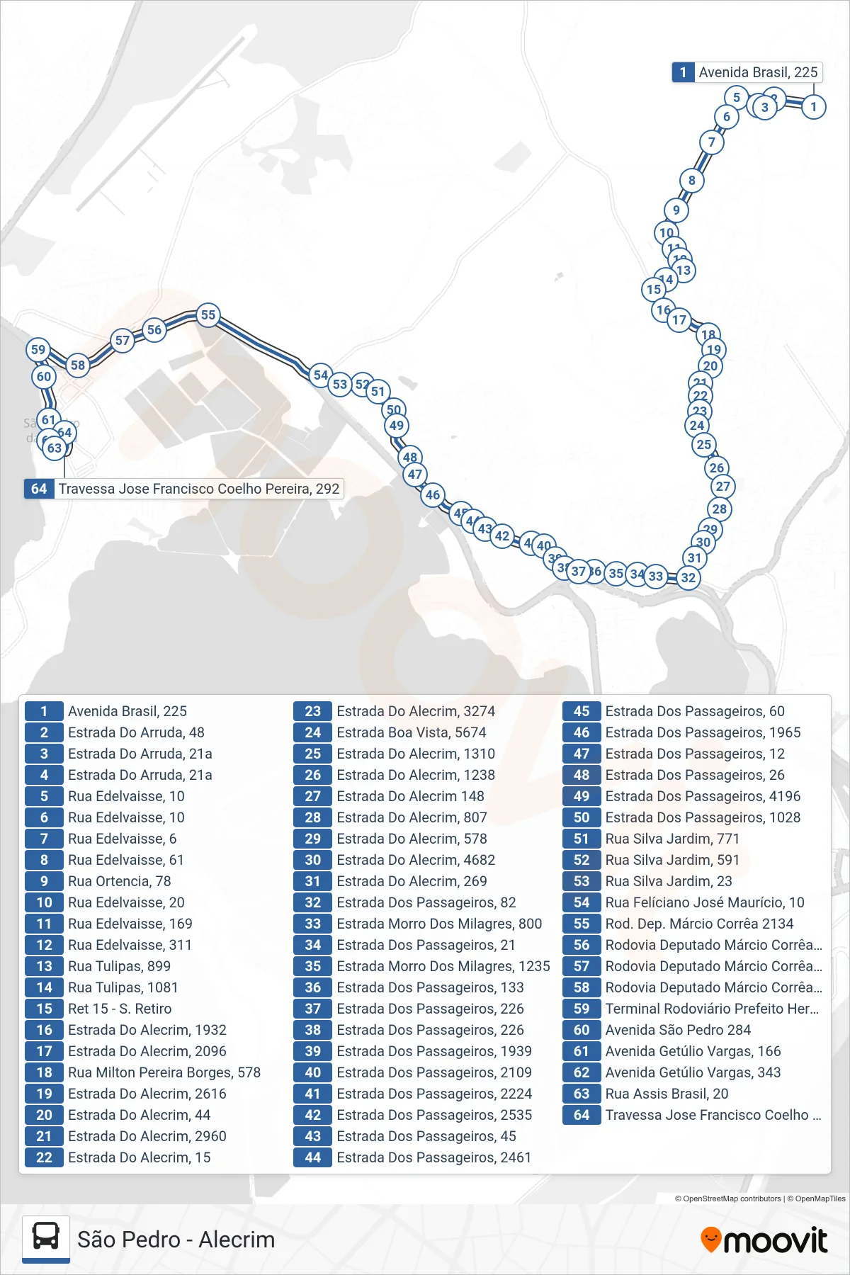 Rota e paradas da linha de ônibus 504 (São Pedro) no mapa