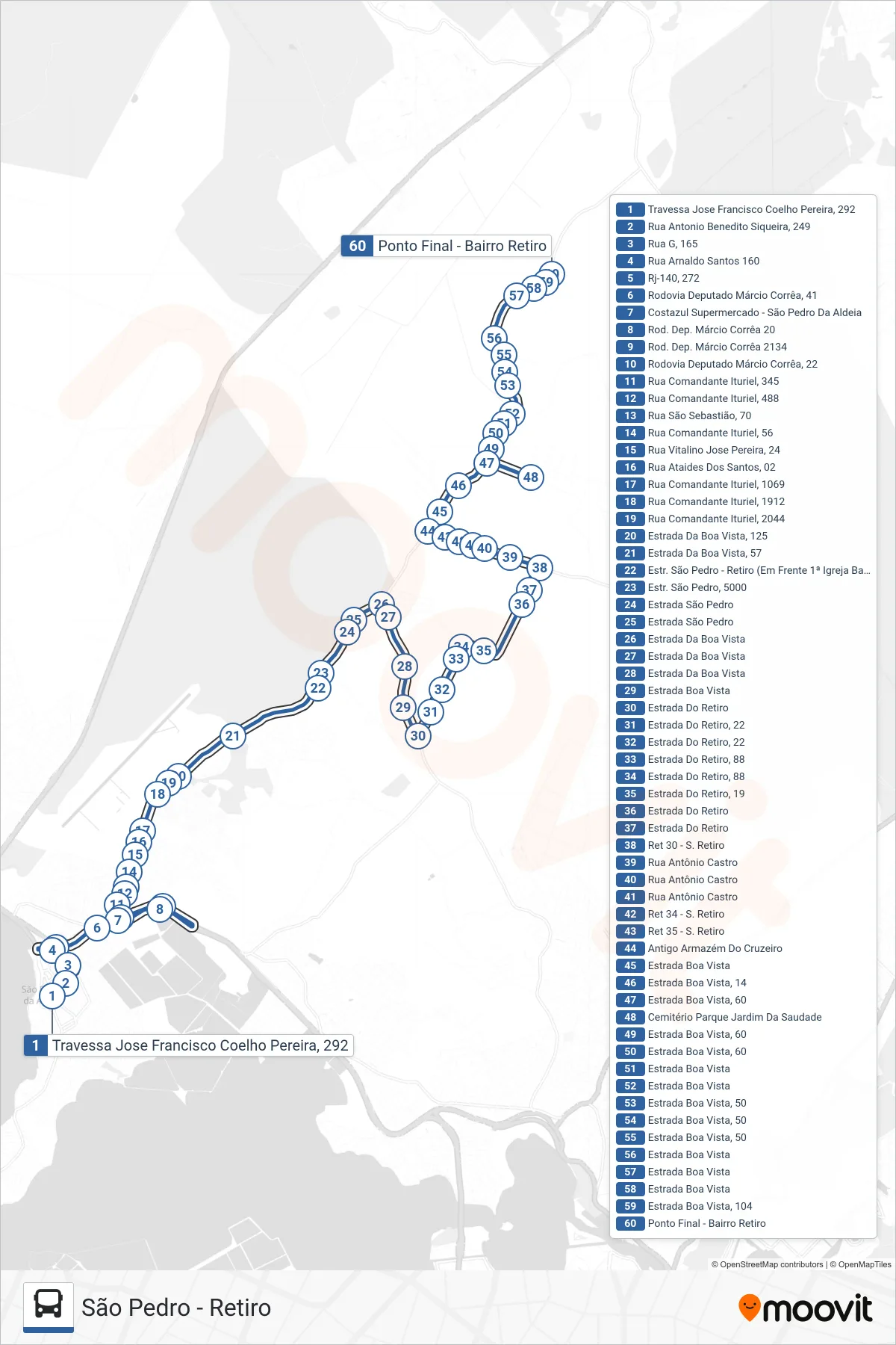 505 bus Line (Retiro) route and stops on a map