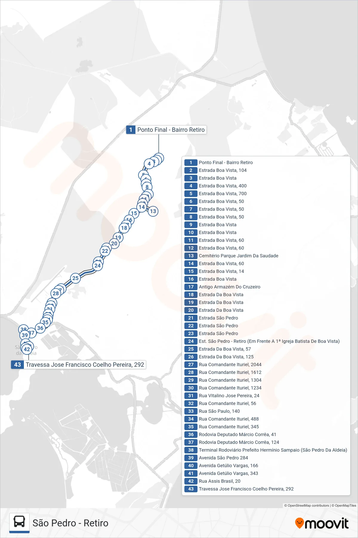 Rota e paradas da linha de ônibus 505 (São Pedro) no mapa