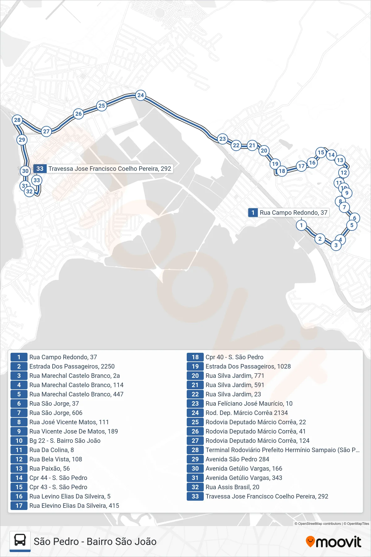 Rota e paradas da linha de ônibus 508 (São Pedro) no mapa