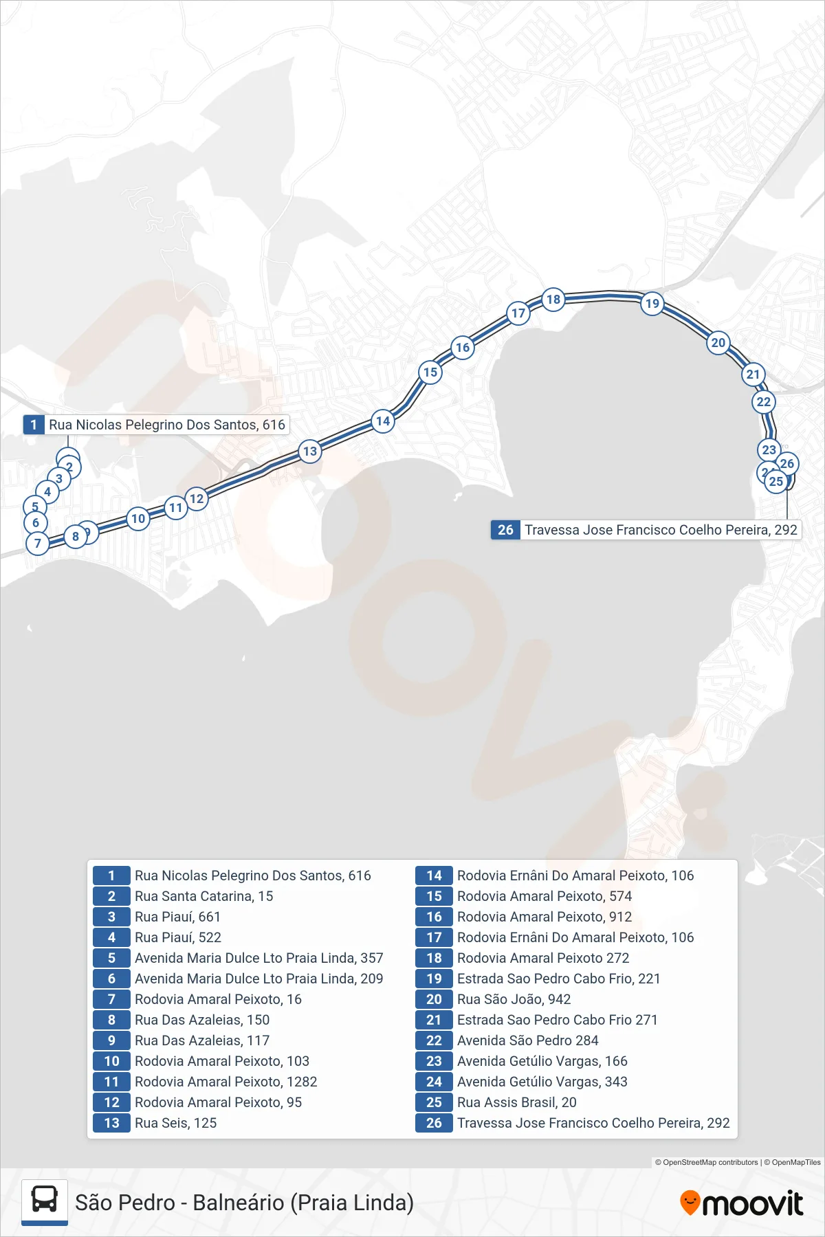 510 bus Line (São Pedro) route and stops on a map
