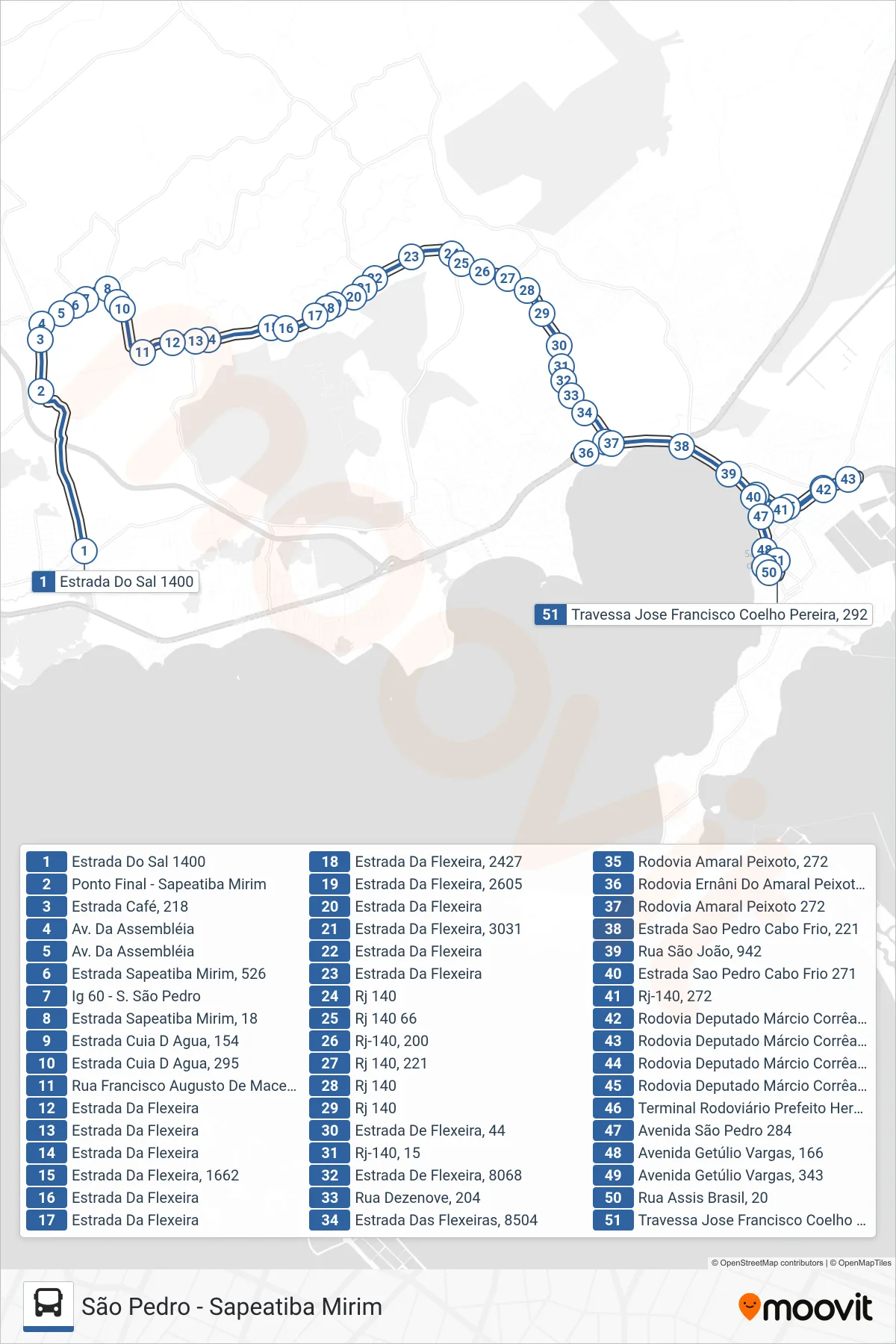 518 bus Line (São Pedro) route and stops on a map