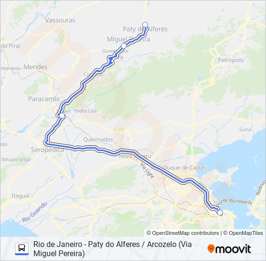Mapa da linha RIO DE JANEIRO - PATY DO ALFERES / ARCOZELO (VIA MIGUEL PEREIRA) de ônibus