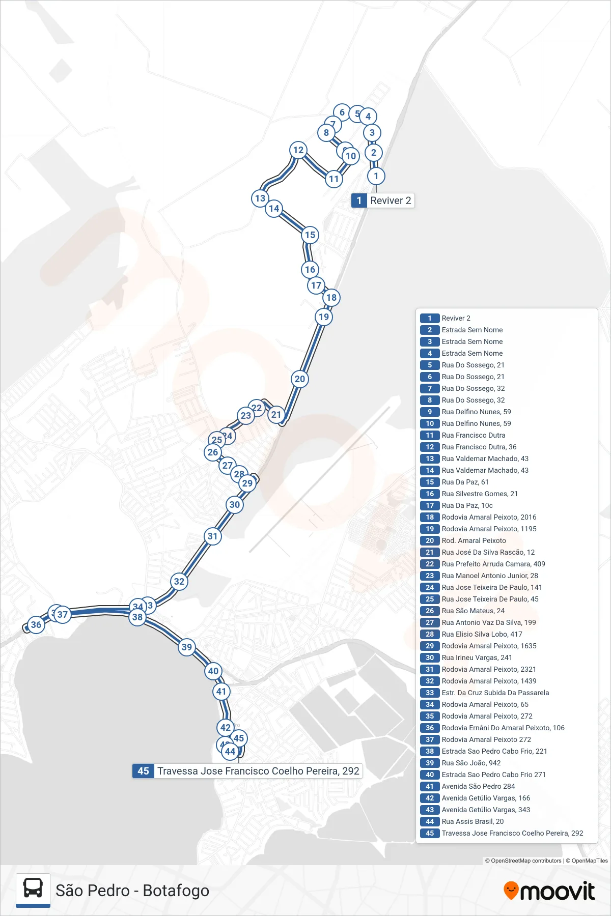 519 bus Line (São Pedro) route and stops on a map
