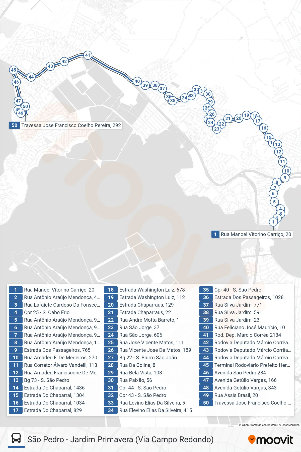 520 bus Line (São Pedro) route and stops on a map