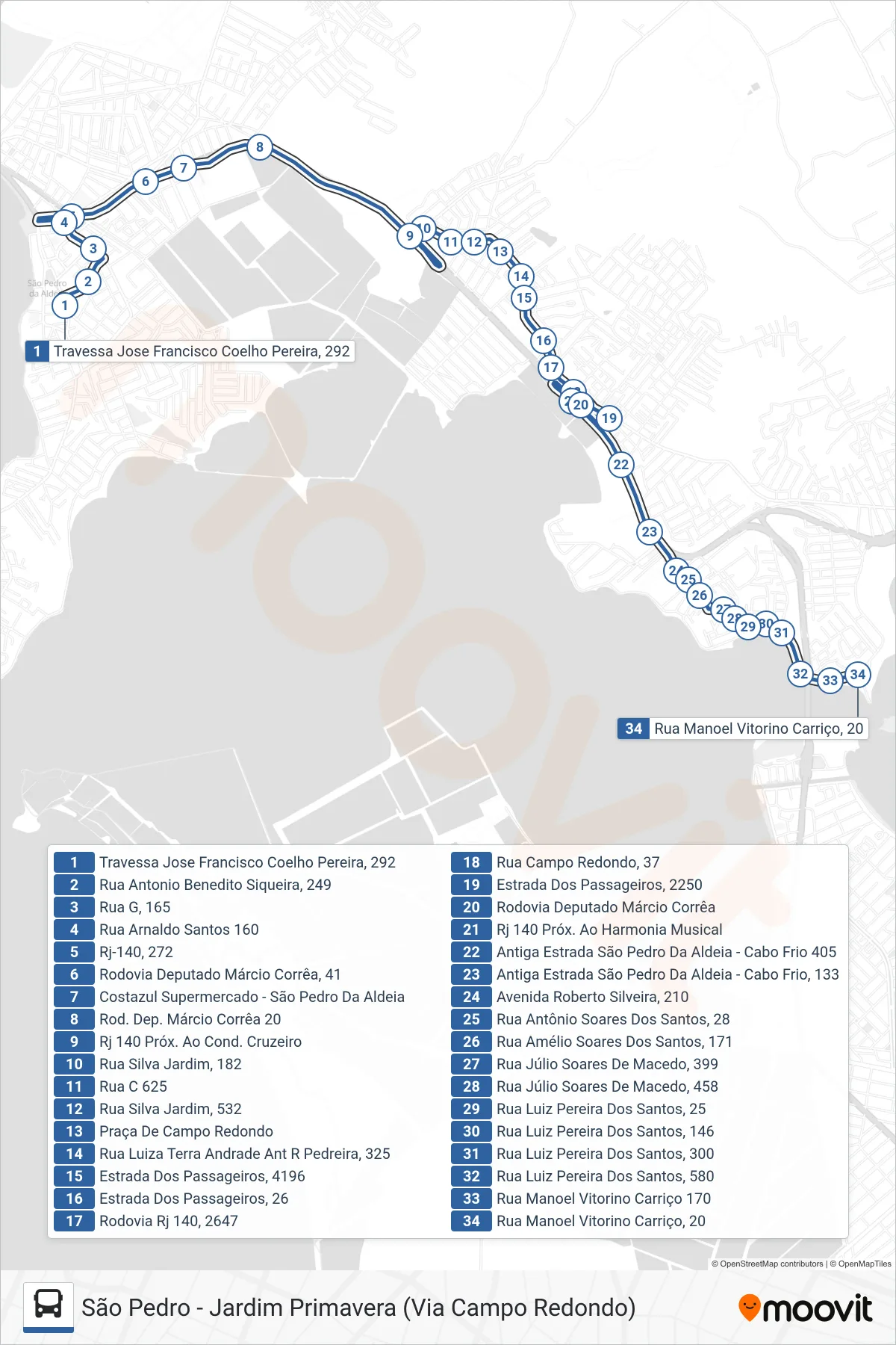 520 bus Line (Jardim Primavera) route and stops on a map