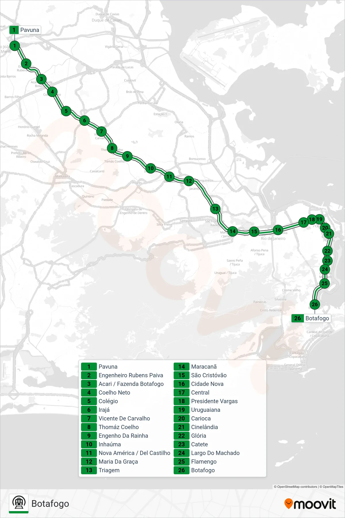 Rota e paradas da linha de metrô L2 (Botafogo) no mapa