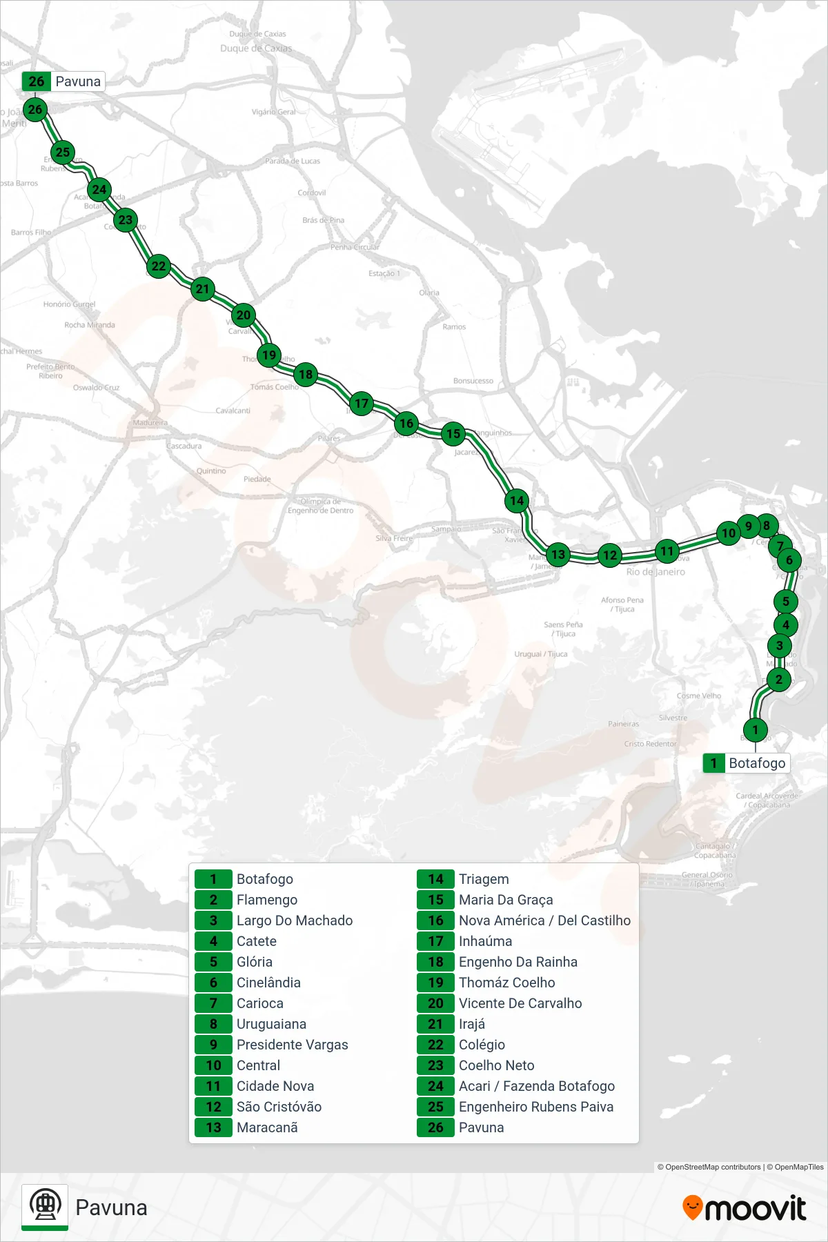 Rota e paradas da linha de metrô  L2  (Pavuna) no mapa