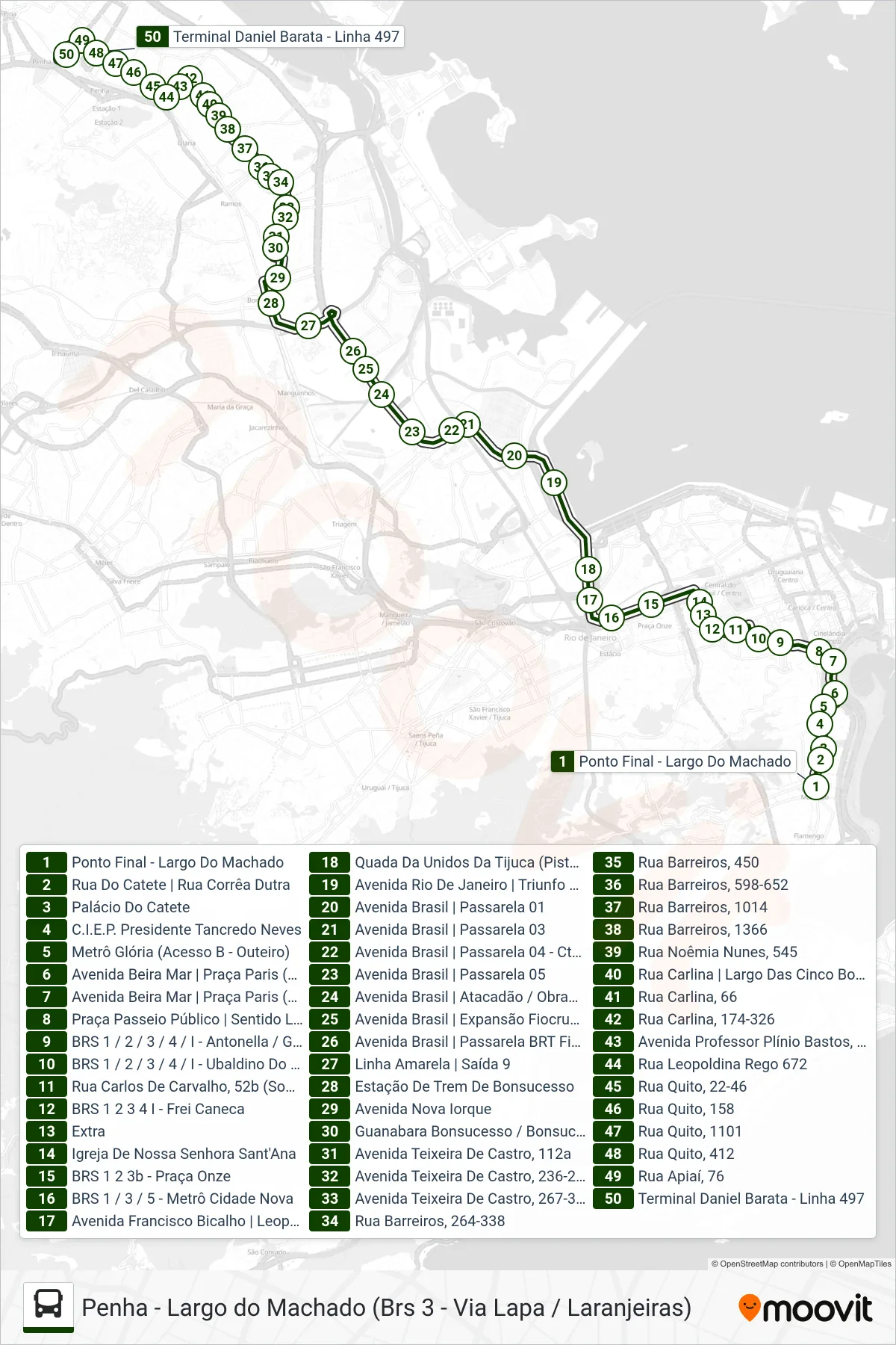 Rota e paradas da linha de ônibus 497 (Penha (Domingos - Área De Lazer)) no mapa