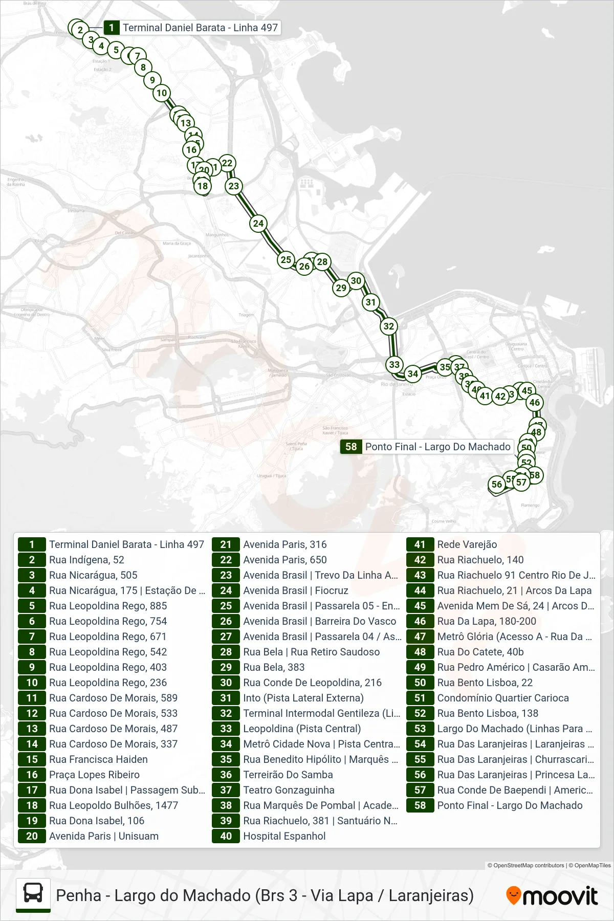 Rota e paradas da linha de ônibus  497  (Laranjeiras (Feira Na Rua Carlos Sampaio)) no mapa