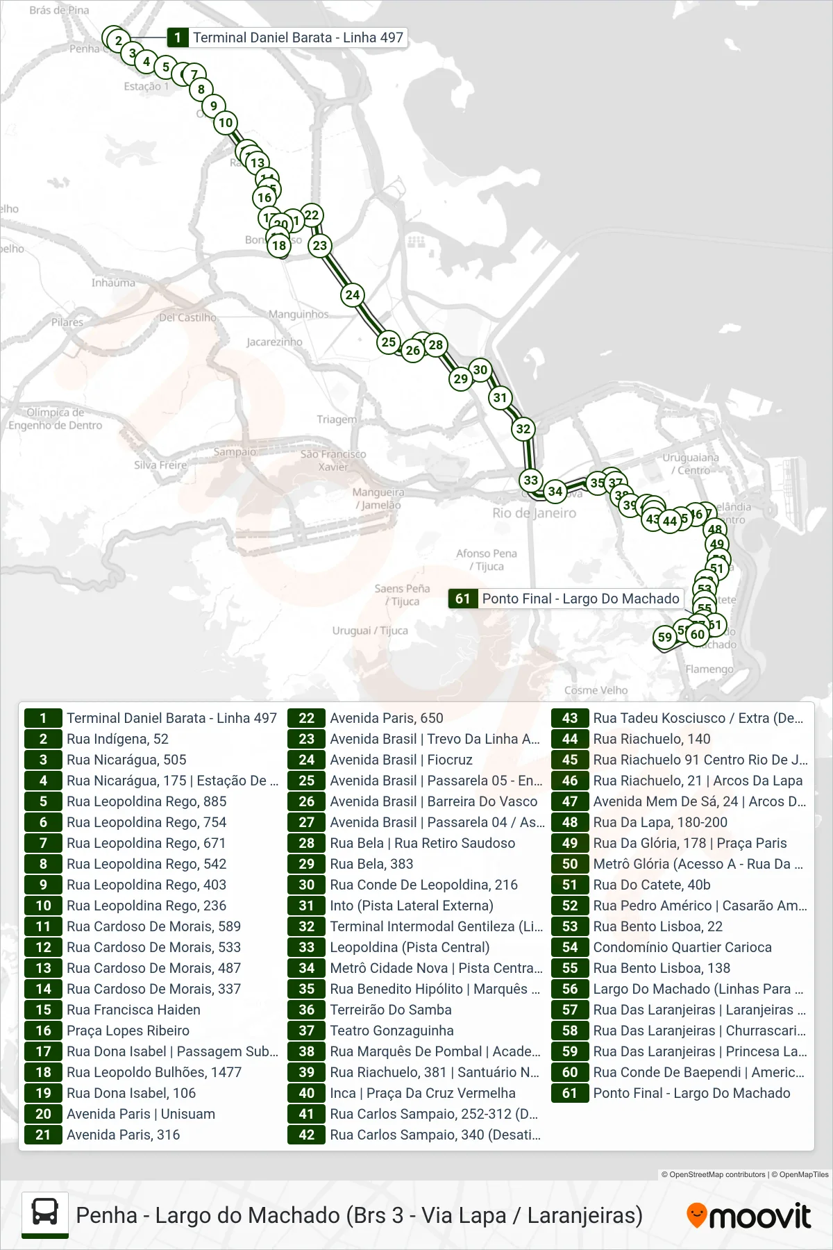 Rota e paradas da linha de ônibus 497 (Laranjeiras) no mapa