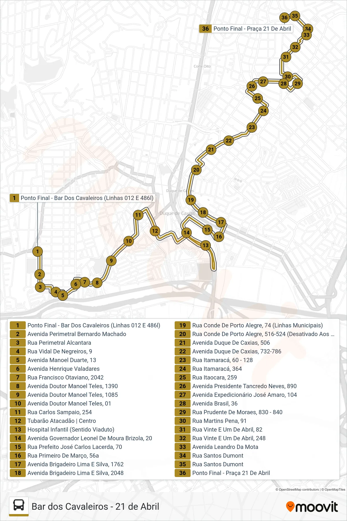 L012 bus Line (21 De Abril (Via Prainha / Av. Manoel Teles)) route and stops on a map