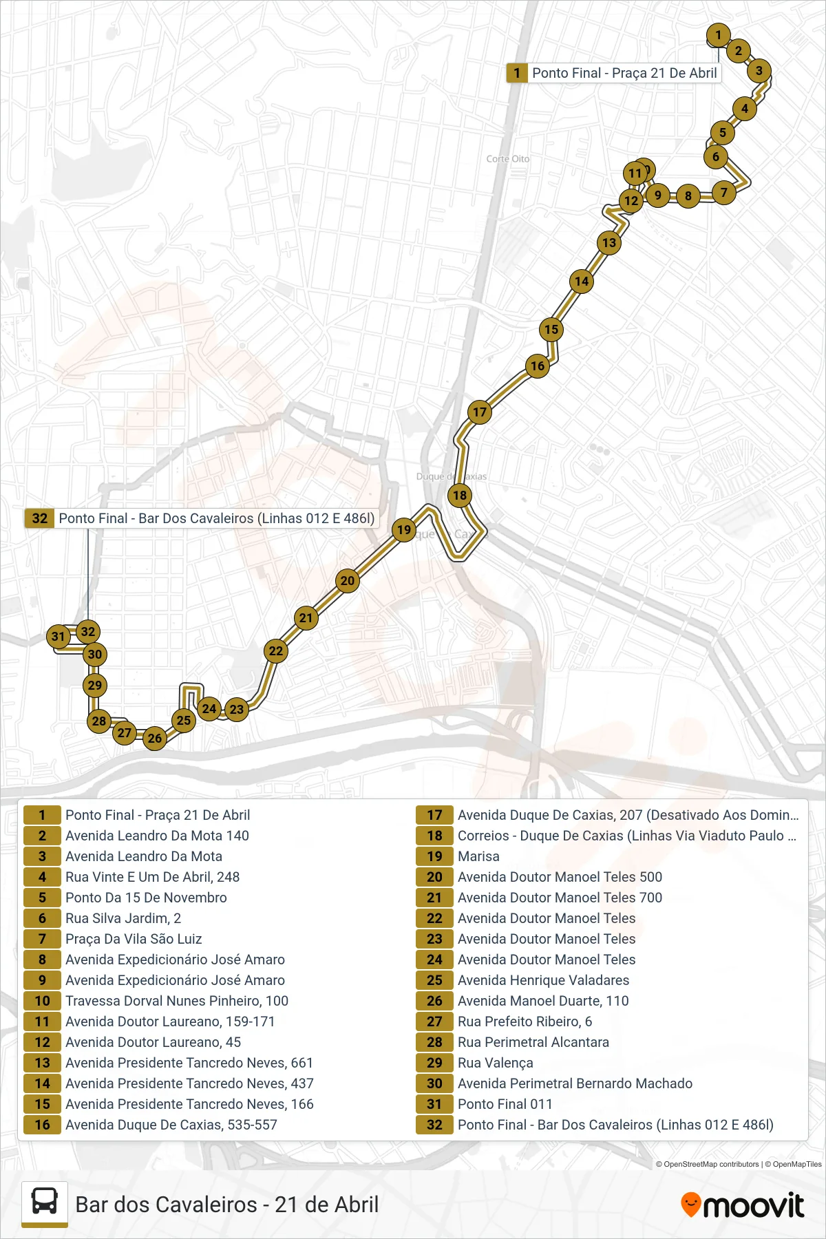 Rota e paradas da linha de ônibus L012 (Bar Dos Cavaleiros (Via Prainha)) no mapa