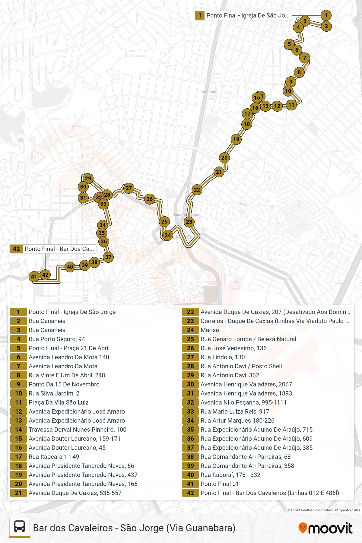 Rota e paradas da linha de ônibus L012 (Bar Dos Cavaleiros) no mapa