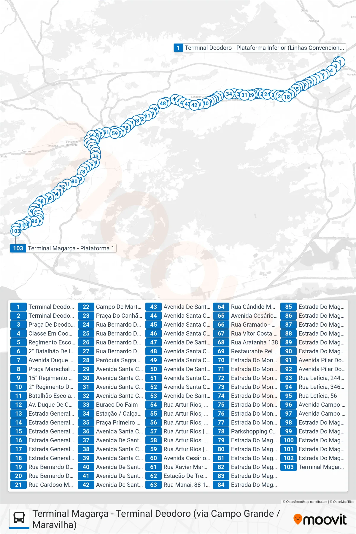 Rota e paradas da linha de ônibus 855 (Terminal Magarça) no mapa
