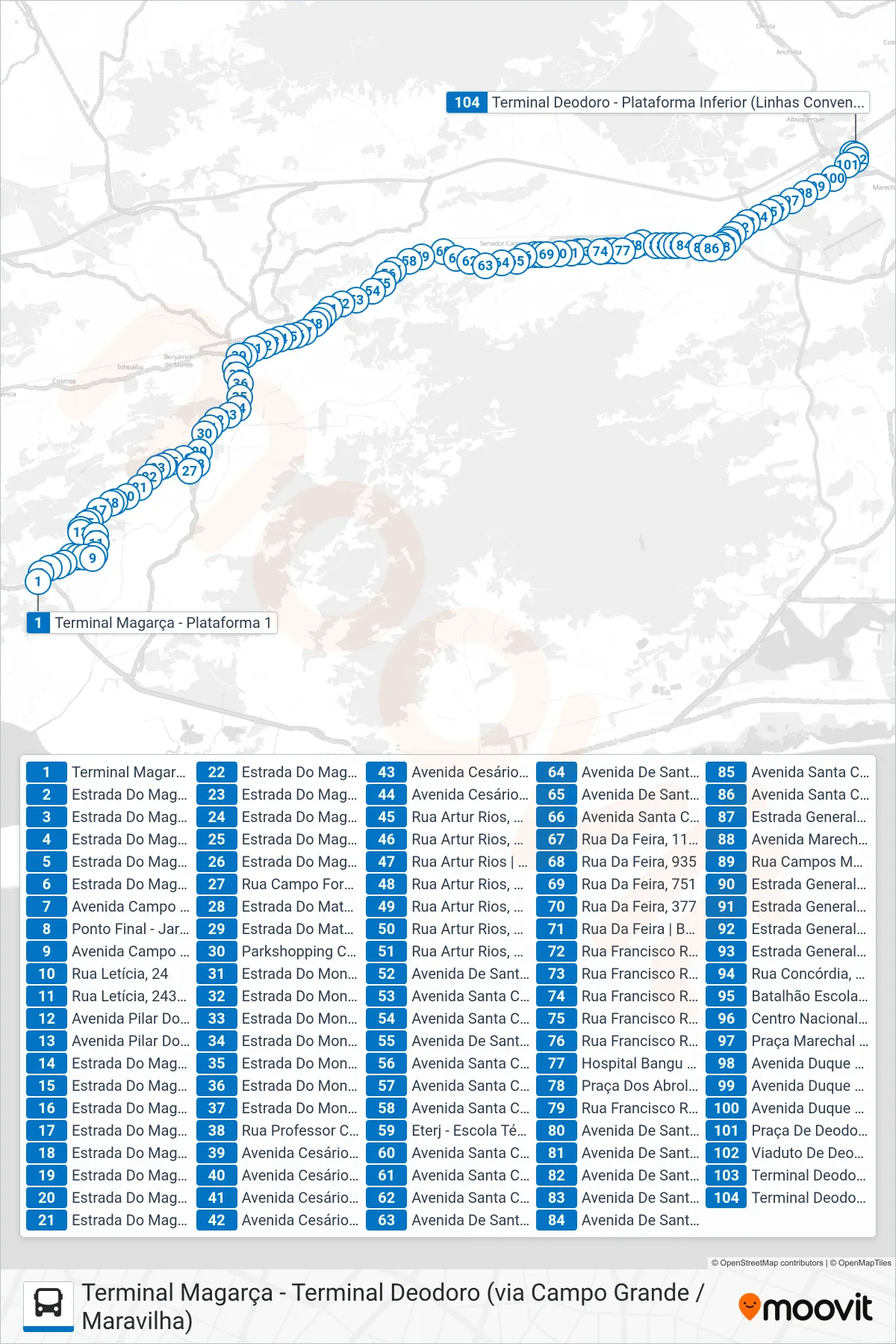Rota e paradas da linha de ônibus 855 (Terminal Deodoro) no mapa