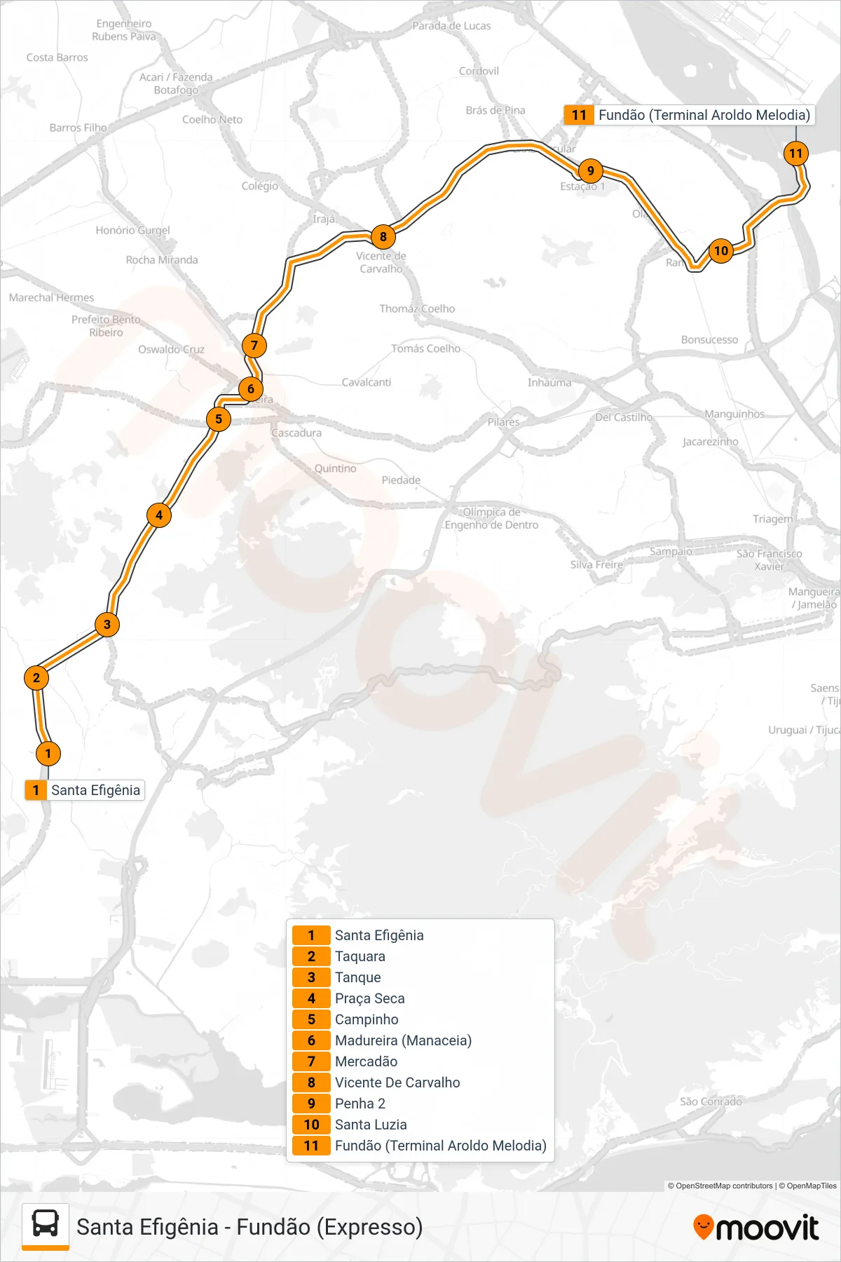 Rota e paradas da linha de ônibus 43 (Fundão (Expresso)) no mapa