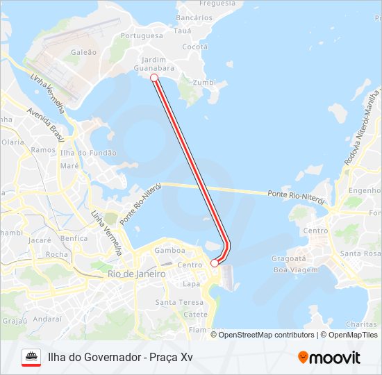 Mapa da linha ILHA DO GOVERNADOR - PRAÇA XV de barca