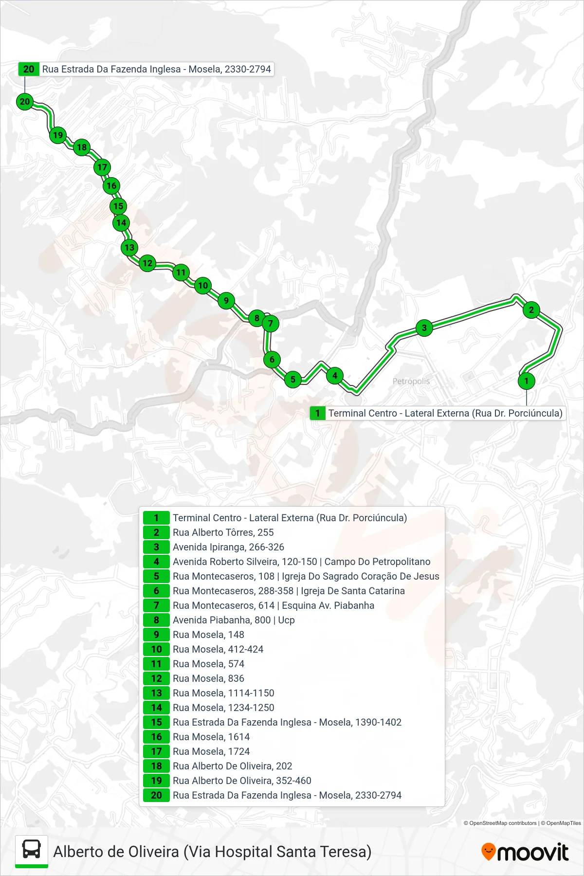 Rota e paradas da linha de ônibus 133 (Alberto De Oliveira) no mapa