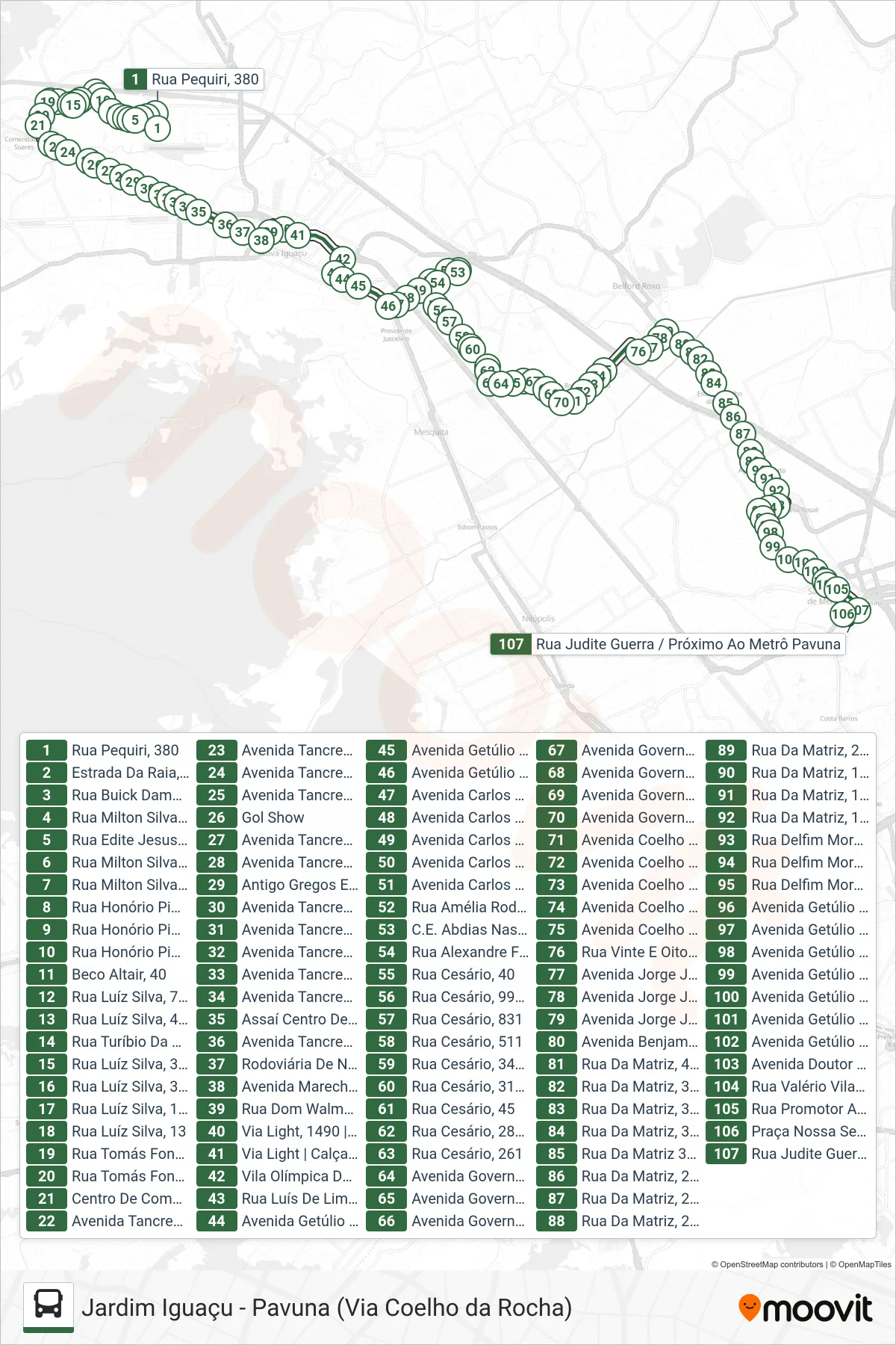 Rota e paradas da linha de ônibus 748L (Pavuna) no mapa