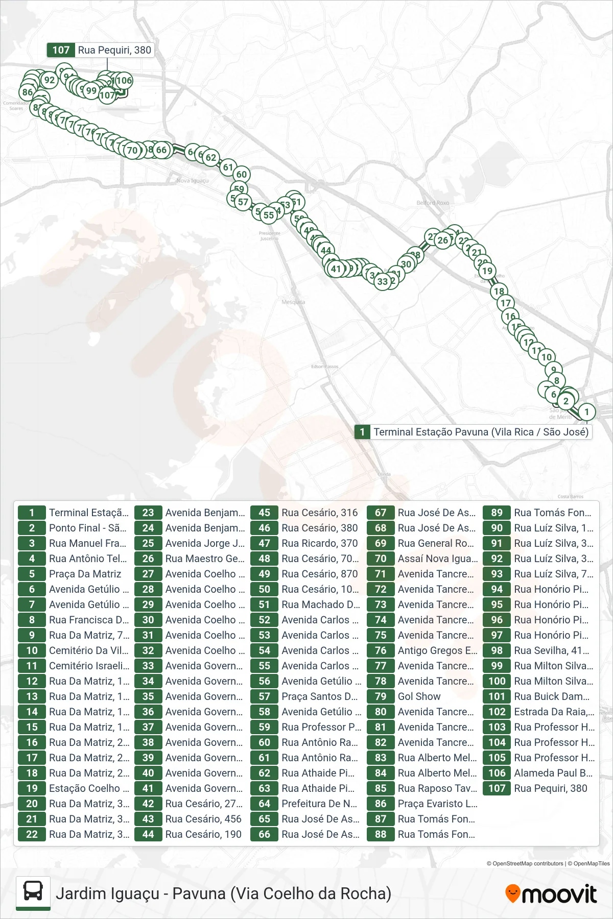 Rota e paradas da linha de ônibus 748L (Jardim Iguaçu) no mapa