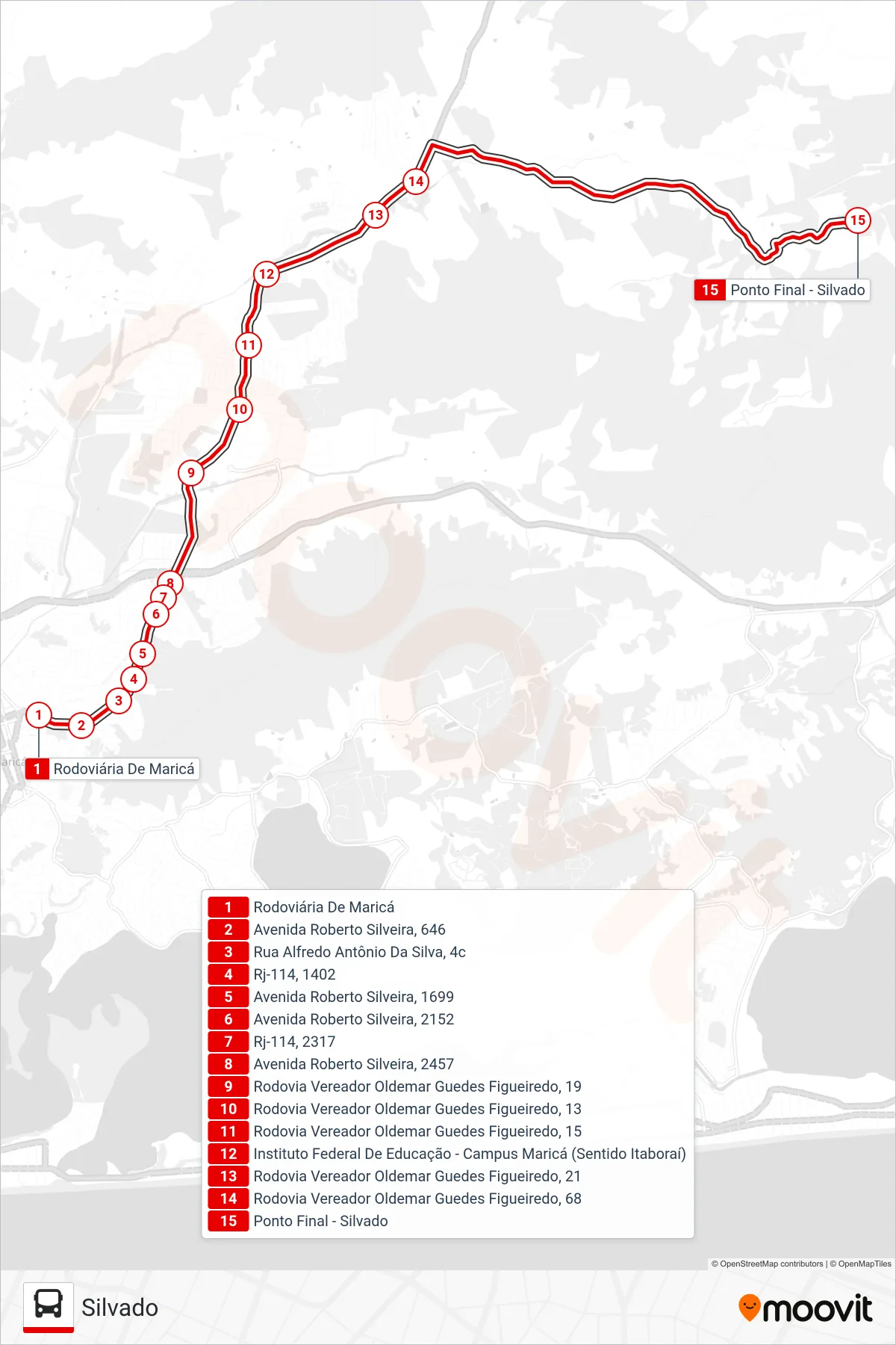 Rota e paradas da linha de ônibus E04 (Silvado) no mapa